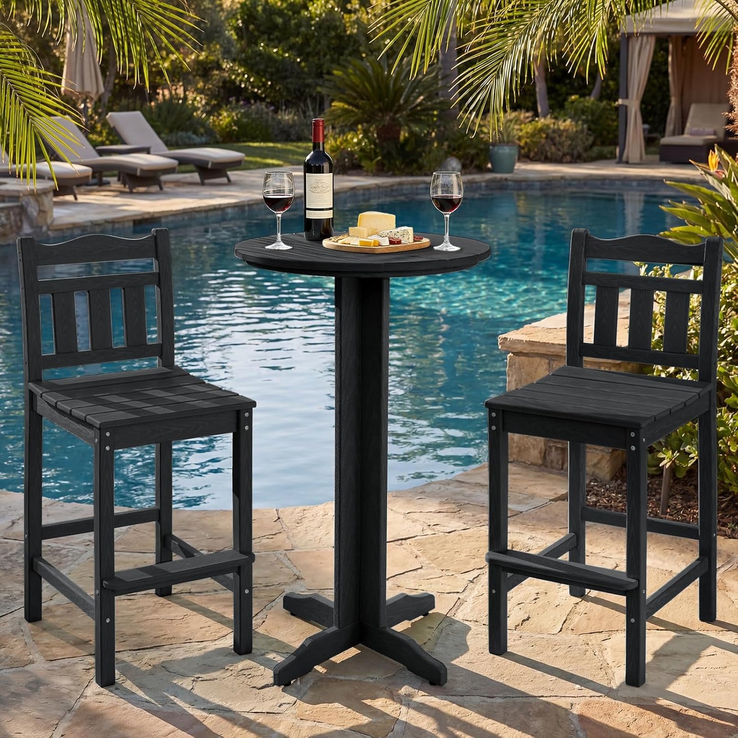3-Piece Outdoor Bar Set, HDPE Adirondack Bar Height Chairs Set of 2 and Round Bar Table, All Weather Patio Bistro Set for Balcony, Poolside, Backyard (Black)