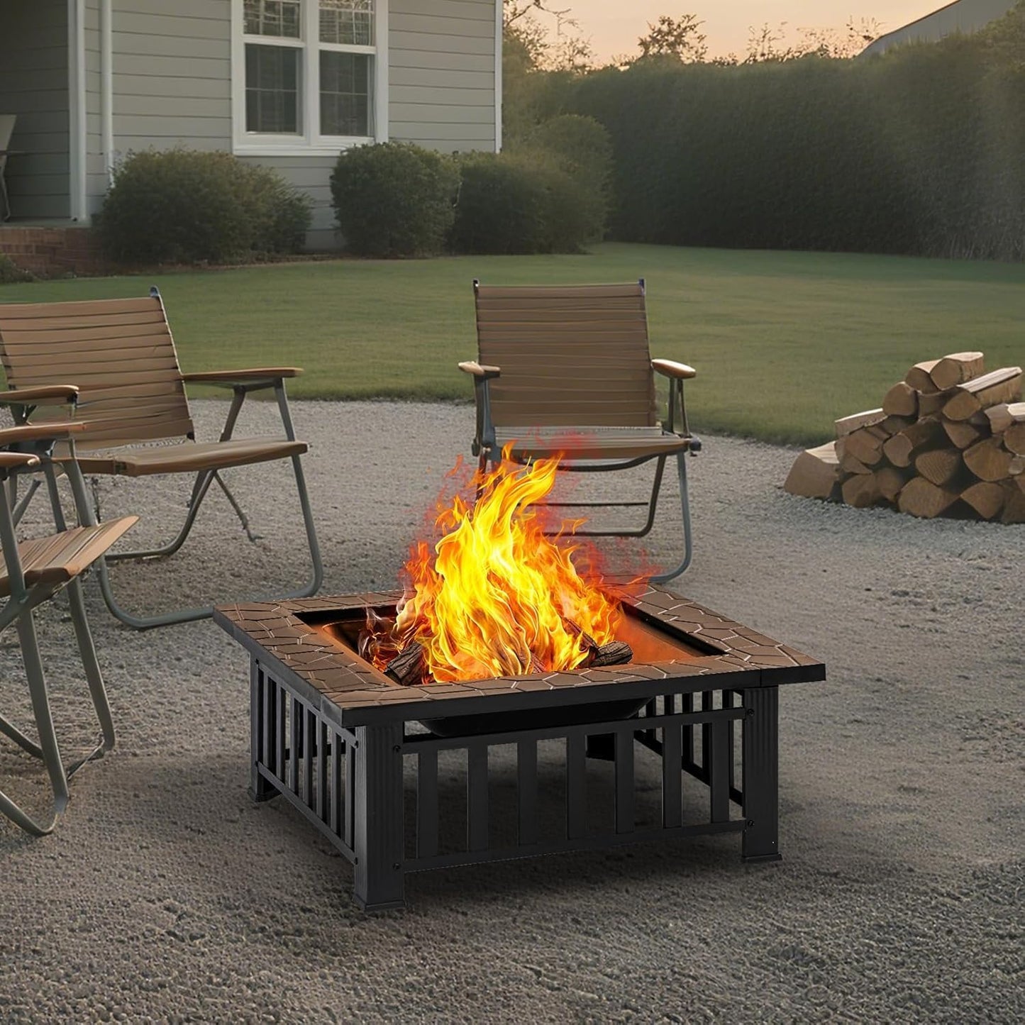 Panovue Fire Pit Table 32 Inch Square Metal Stove for Patio, Backyard, Garden | Multifunctional Outdoor Fireplace for Camping, Heating, Bonfire & Picnic