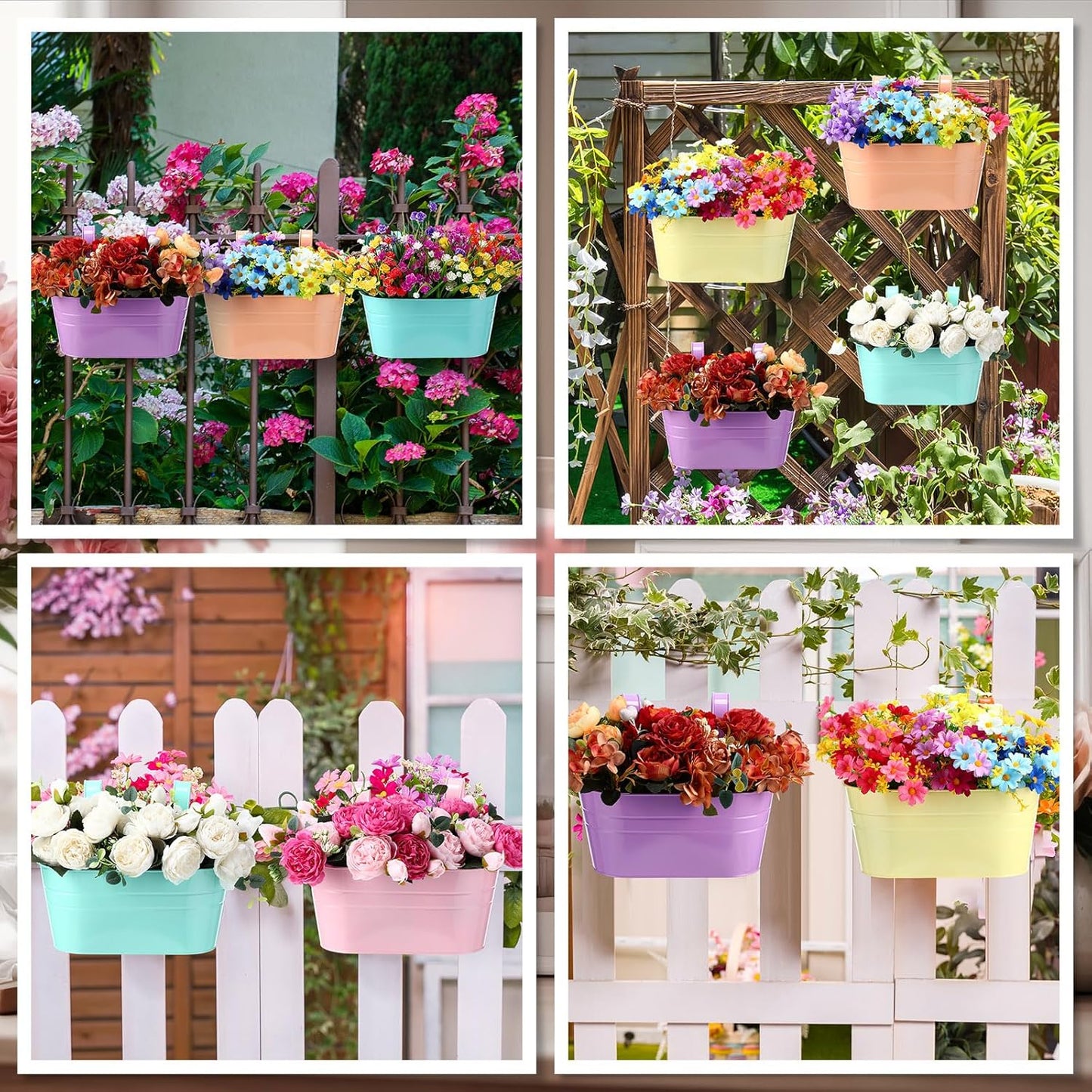 6 Pack Hanging Flower Pot Colorful Metal Iron Bucket Fence Hanging Planters with Detachable Hook Bucket Flower Holder for Railing Balcony Garden Yard Spring Decor(Round,10.6X 5.5 x 4.7 in)