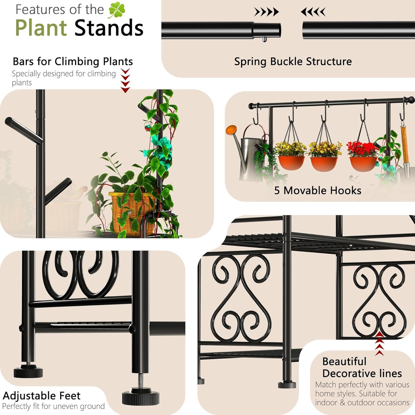 GIOTORENT Plant Stand Indoor, 3-Tier Heavy Duty Metal Shelf for Patio & Indoor, Tall Plant Holds 14+ Plants with 5 Hooks, Rust-Proof Plant Holder for Garden, Balcony, Living Room, Black