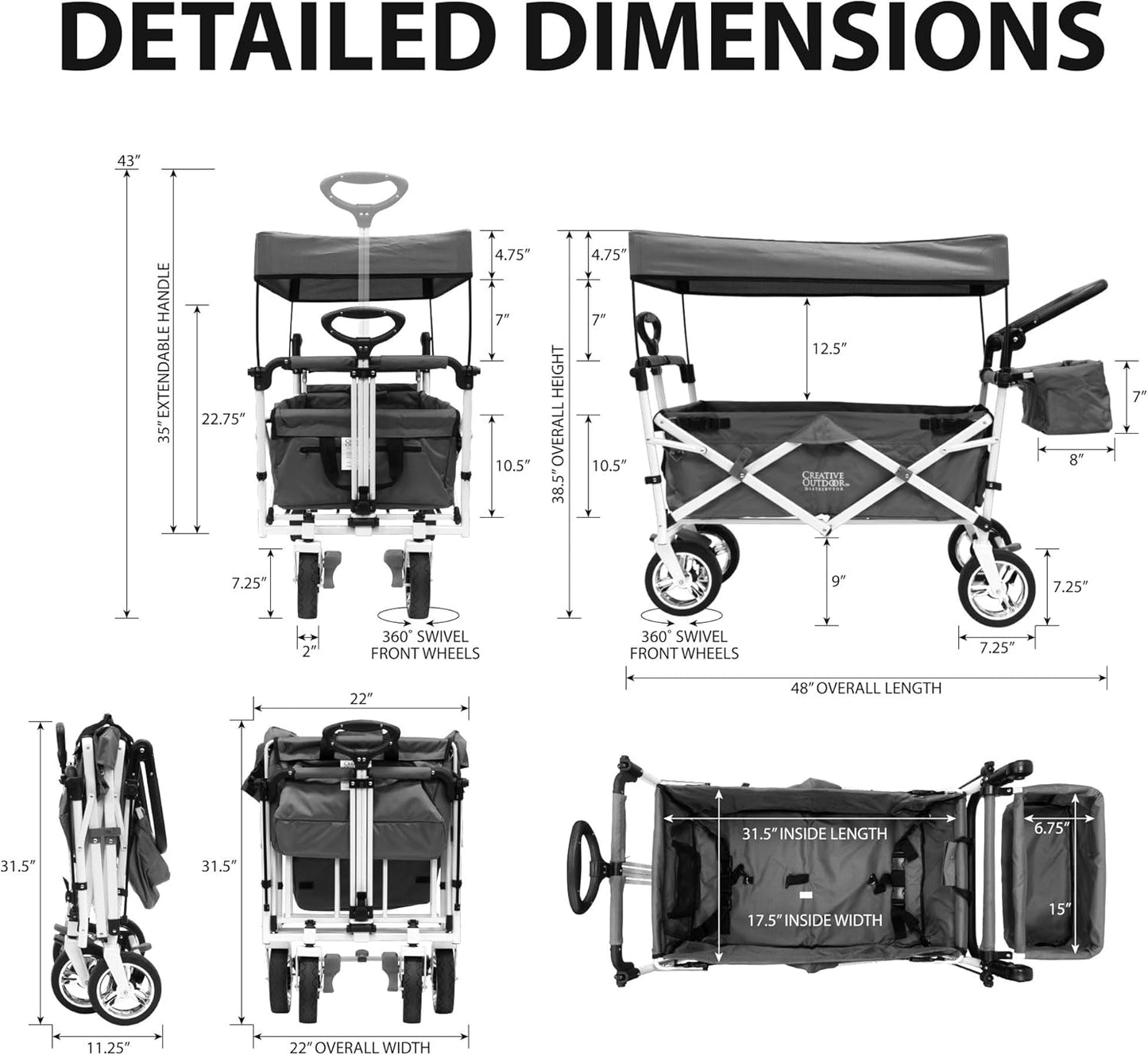 Creative Outdoor Push Pull Stroller Wagon for Kids,150lbs Weight Capacity, Collapsible Folding Cart with Canopy, Silver Series Plus, Beach, Park, Garden & Tailgate (Navy Blue)