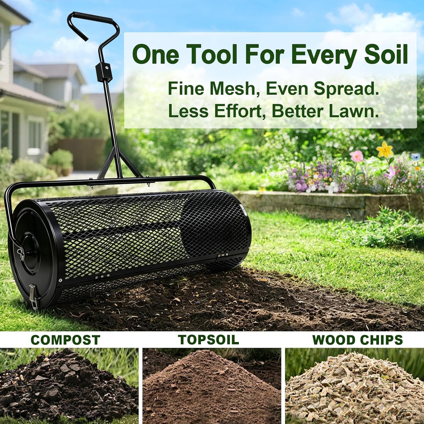 Compost Spreader 44 Inch Push/Tow Peat Moss Spreader with Installation Support, Powder-Coated Metal Mesh Roller Spreader for Manure , Lawn Care, Garden Spreading, Top Dressing & Mulch - Soil Spreader