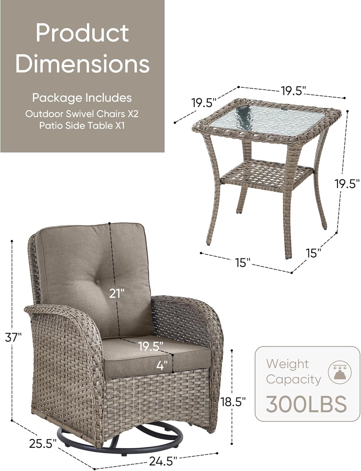 HUMMUH 3 Piece Outdoor Rocking Chairs Bistro Set-All Weather Wicker Outdoor Swivel Chairs Set of 2 with Side Table Small Patio Furniture Set for Porch Balcony Poolside-Grey/Grey