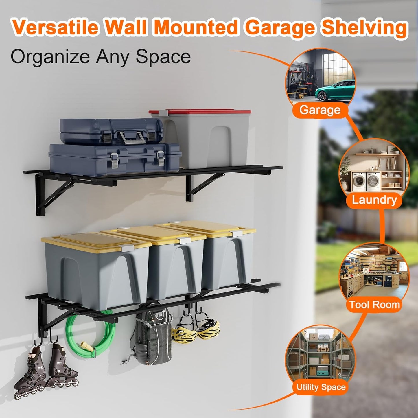 2-Pack Garage Storage System Shelves 3.21x1.64 ft - Industrial Hanging Shelf Wall Mount Kit with Hooks, Folding Garage Wall Shelves, Durable Metal Floating Shelf, Black Shelves Wall Mounted Setup