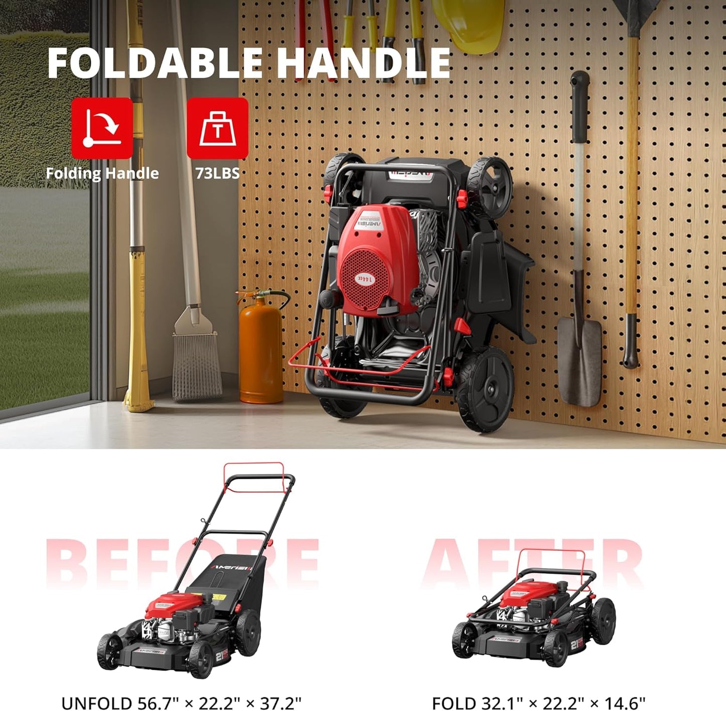 Amerisun 21" Self-Propelled Gas Lawn Mower, 170cc OHV Engine with Forced Air-Cooling, 3-in-1 System, Steel Deck, 6-Position Height Adjustment, Foldable Handle