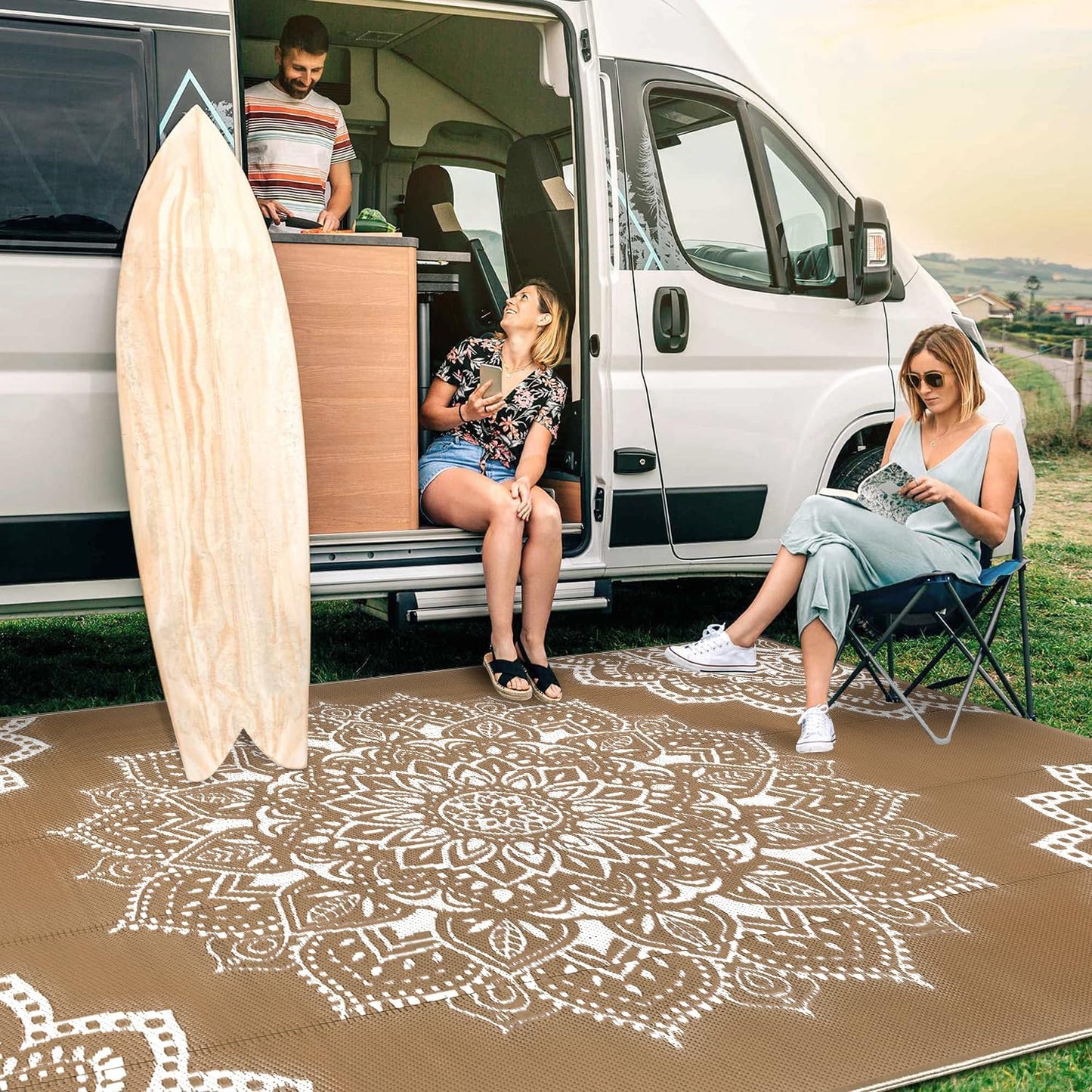 Yamaziot Waterproof Outdoor Rug 8x10 ft, Reversible Plastic Straw Rug for Patio Clearance, Camping, RV Mat, Large Outside Rug Carpet for Porch, Deck, Backyard, Balcony, Picnic (Brown)