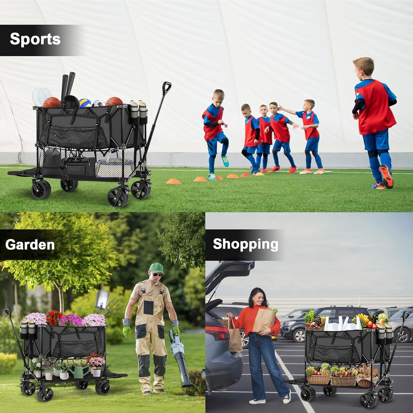 Fenbeli Double Decker Folding Wagon Heavy Duty Collapsible Utility Cart with 450LBS Load 400L Capacity All Terrain 7" Wheels Portable Foldable Wagon for Camping Sports Garden Shopping (Black)