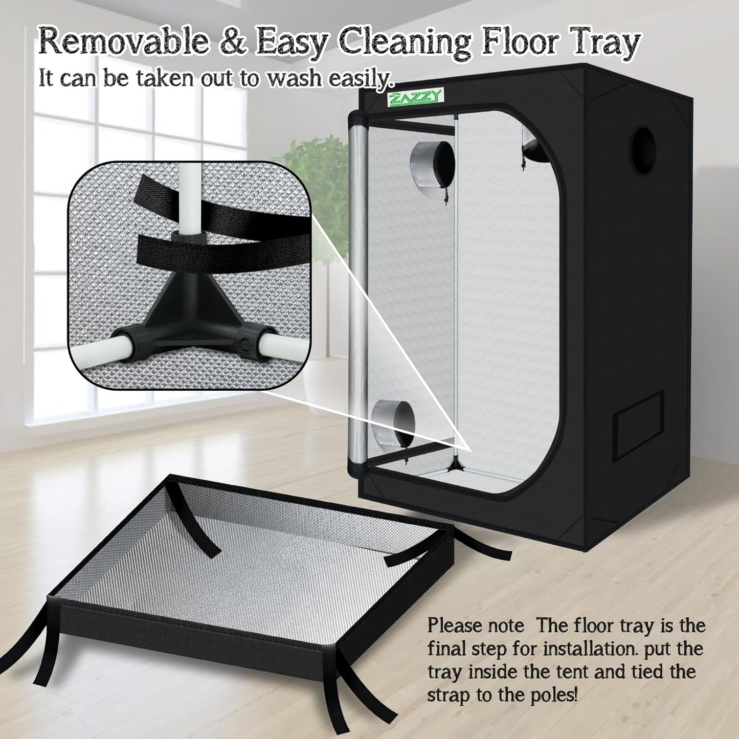 zazzy Grow Tent 3x3 FT, 36"x36"x72" Plant Tent Growing Tent High Reflective Mylar with Observation Window and Removable Floor Tray for Hydroponics Indoor Plant Growing