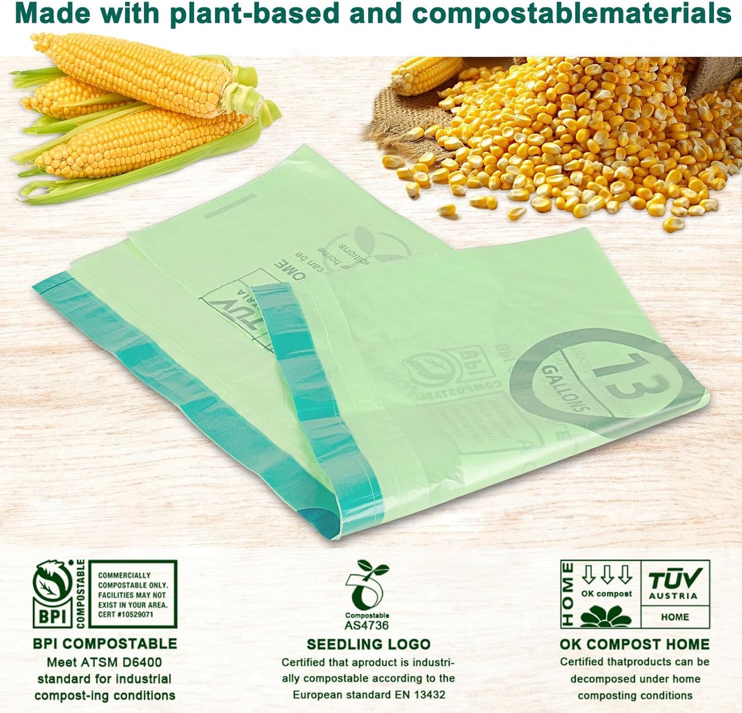 13 Gallon,50 Count, Compostable Trash Bags with Drawstring,Tear Resistant Kitchen Food Scrap Waste Bag, ASTM D6400, US BPI and Europe OK Compost Home Certified