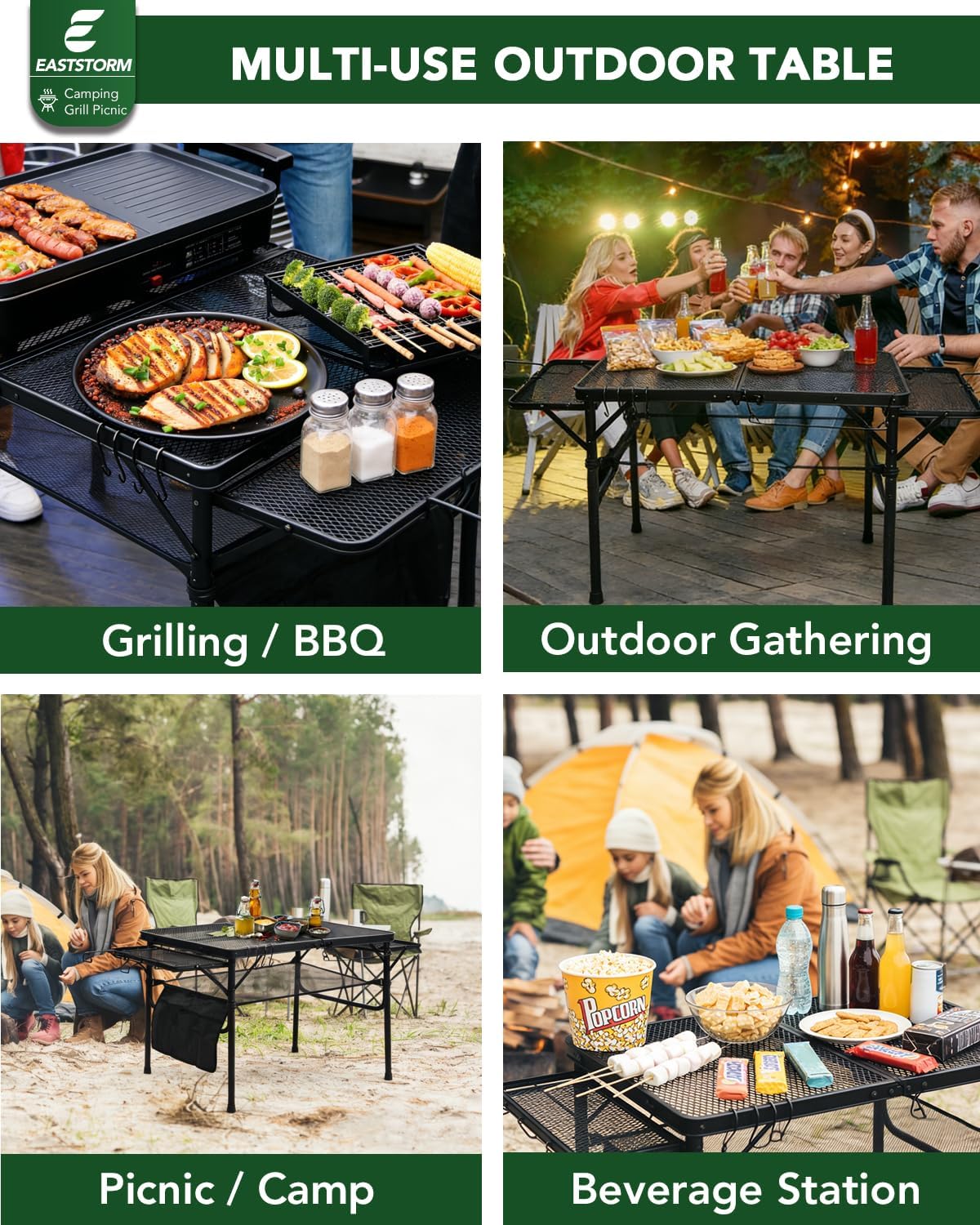 3ft Folding Camping Table with Wing Panels, Metal Mesh Grill Table,2 Adjustable Heights,Folding Table with Storage Net, Paper Towel Holder, Hooks, Trash Bag Rack, for Picnic,Camping,BBQ,Beach(Black)