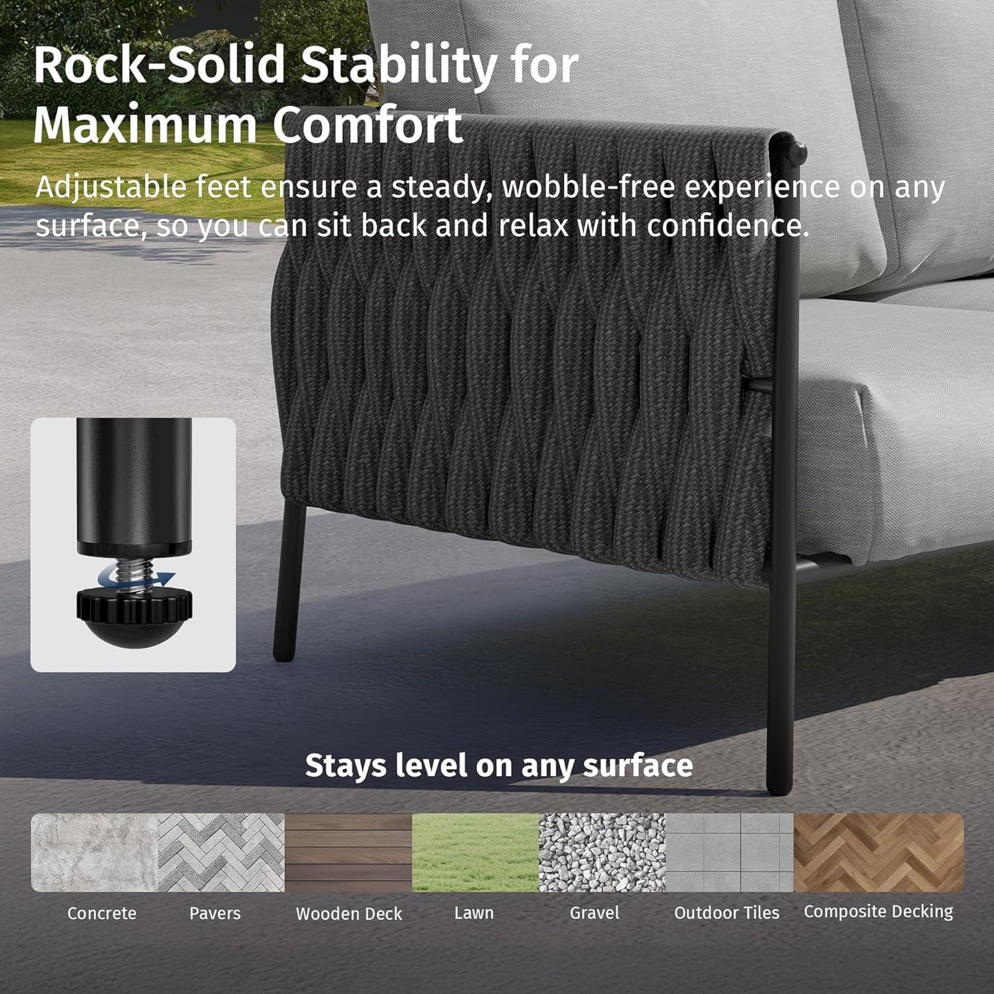 East Oak 5-Piece Patio Furniture Set | Life Chatter 5-Seat Outdoor Sectional Sofa Conversation Set, Deep Seating Couch with 2 Coffee Tables & Thick Cushions for Balcony & Backyard, Porch | Misty Grey