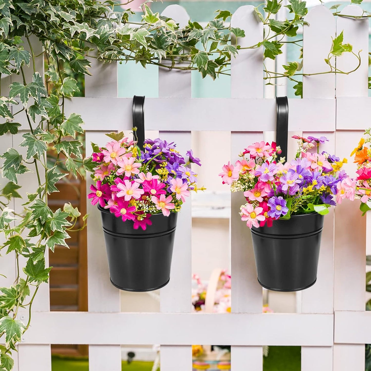 OGIMA 10pcs Hanging Flower Pots, Metal Iron Wall Planter Indoor/Outdoor for Railing Fence Balcony Garden Home Decoration with Detachable Hooks