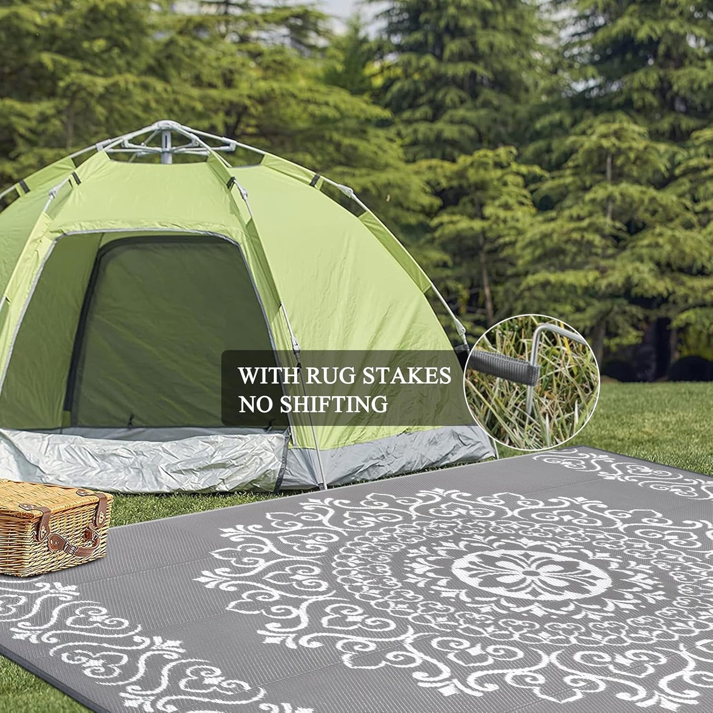 Pauwer Waterproof Outdoor Rug 8x10, Reversible Plastic Straw Patio Camping Rug, Indoor Outdoor RV Mat Carpet for Deck, Camper, Porch, Balcony, Backyard, Picnic, Floral Grey