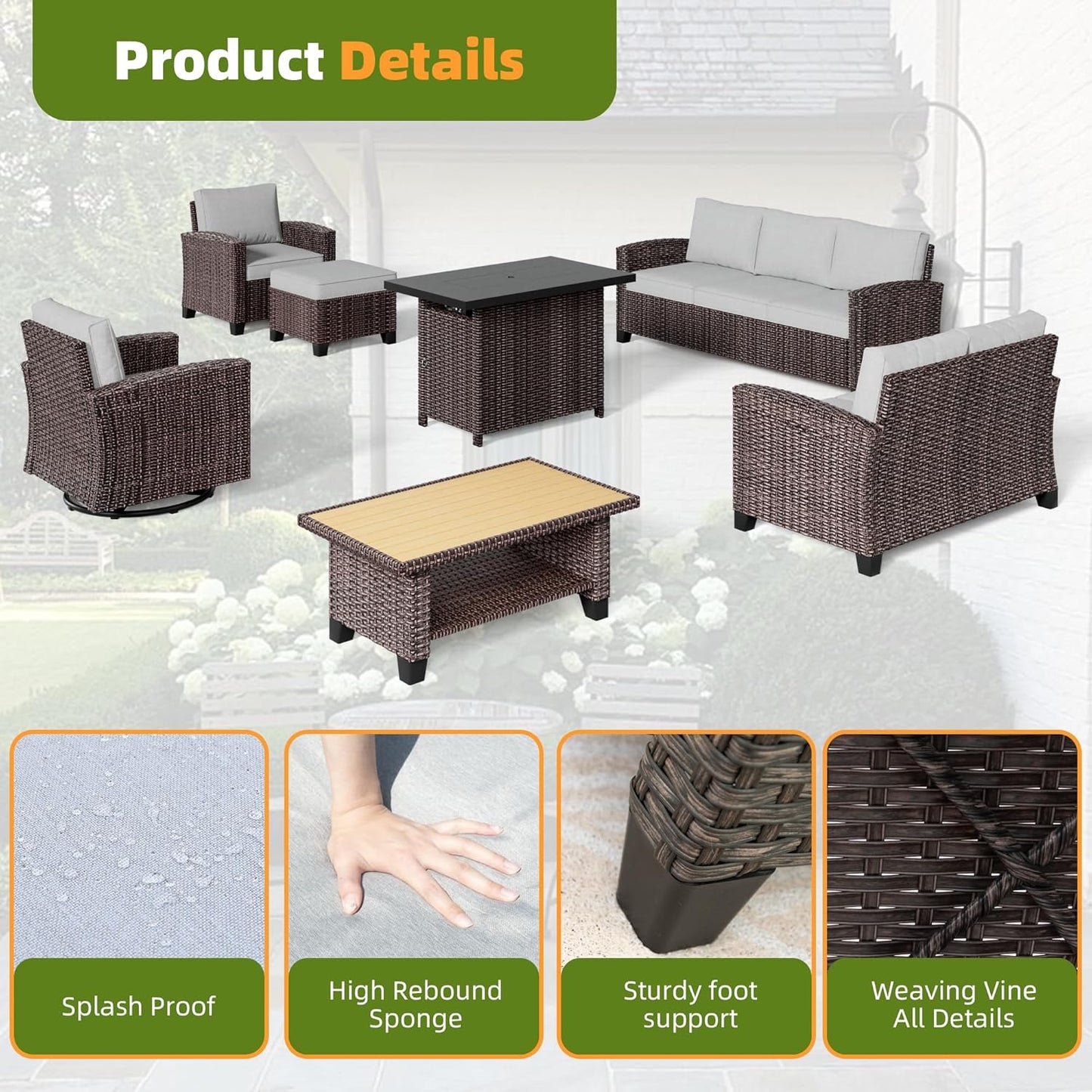 Outdoor Patio Sectional Sofa Set, 4-Piece Rattan Furniture, Patio Conversation Sets with Fire Pit, Seats 4, Light Grey