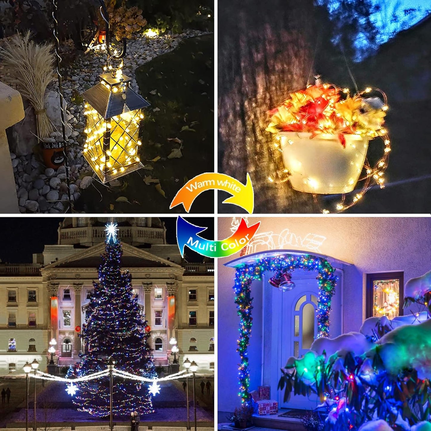 (Warm White ⇋ Multicolor) Solar Christmas String Lights Outdoor, 2-Pack 80FT 200 LED Waterproof Copper Wire, Solar Twinkle Lights with 8 Modes Solar Fairy Light for Tree Garden Wedding Christmas Decor