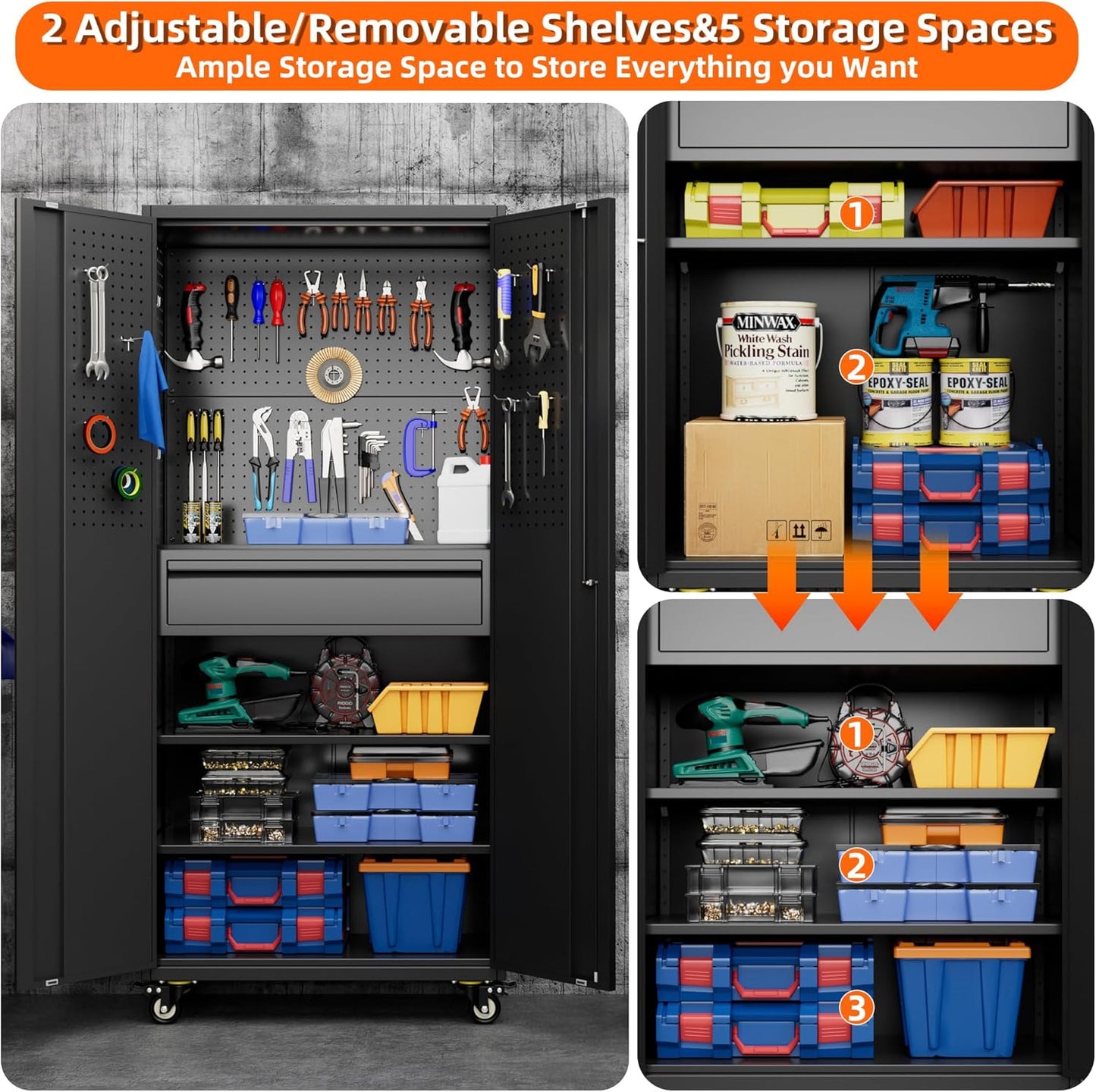 Aobabo Metal Storage Cabinet with Wheels and Adjustable Pegboard, Steel Rolling Tool Cabinet with 16 Hooks and 1 Interior Drawers for Garage, Home, Office, Kitchen, Black, Assembly Required