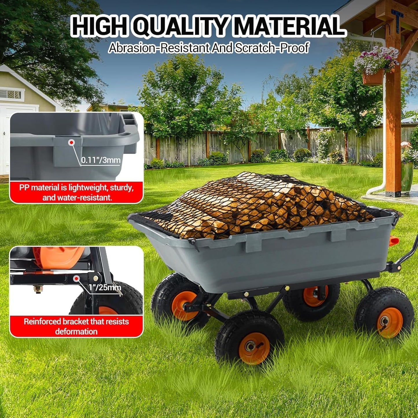Garden Dump Cart, 800 lbs Heavy Duty Garden Wagon with 10 Inch Wheels, 4 Wheel Wheelbarrow,Steel Frame and Quick Release System Lawn Trailer