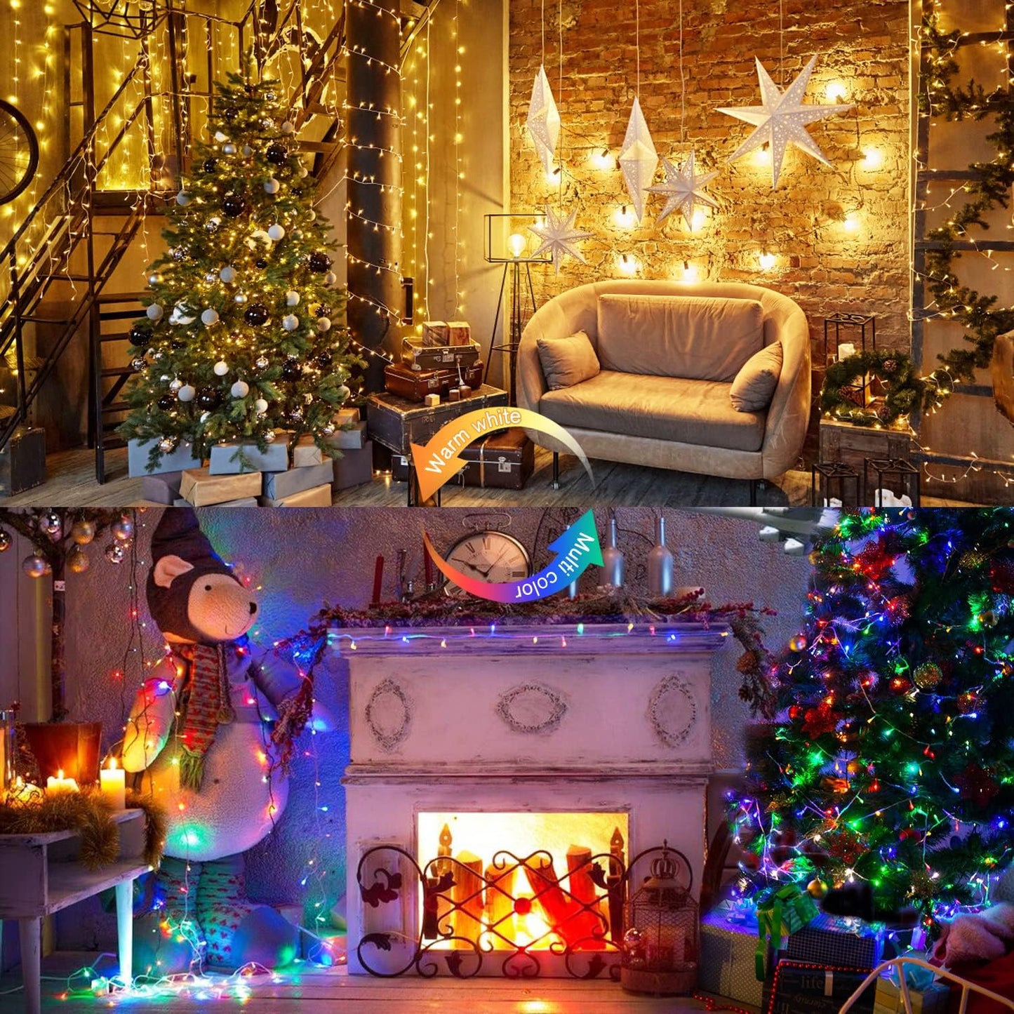 JMEXSUSS 33ft 100 LED Color Changing String Lights Plug in, Warm White & Multicolor Christmas Tree Lights Indoor, Christmas String Lights Outdoor Waterproof for Xmas Indoor Decor