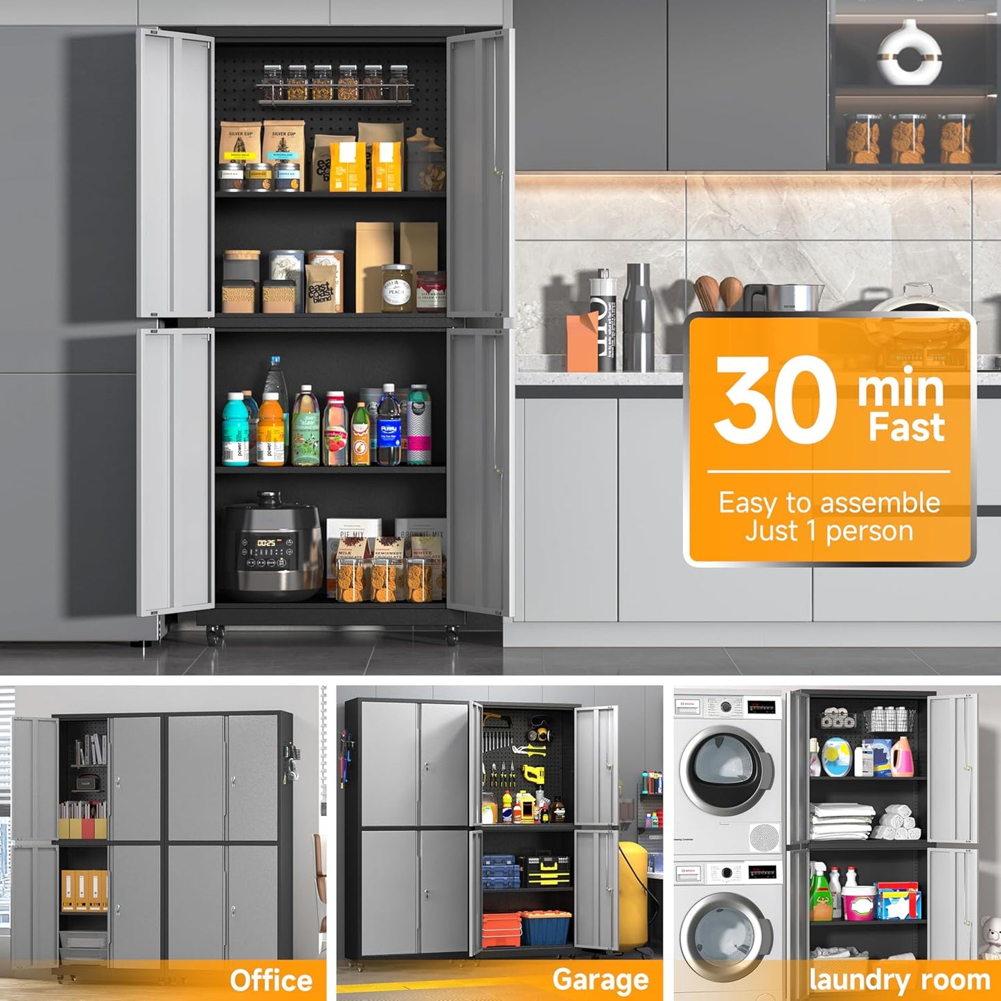 Rolling Garage Storage Cabinet with Wheels and Pegboard,Metal Storage Cabinet with Doors and Adjustable Shelves,Lockable Steel Tool Cabinet for Garage,Warehouse,Utility Room,Home,Office(Black Gray)
