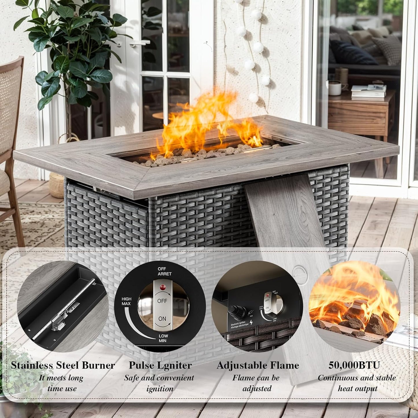 HUMMUH 7 Piece Patio Furniture Set with Fire Pit 41in 55,000 BTU,Wicker Outdoor Conversation Sets - Patio Swivel Chairs Sofa Ottomans,Side Table for Porch,Garden,Backyard