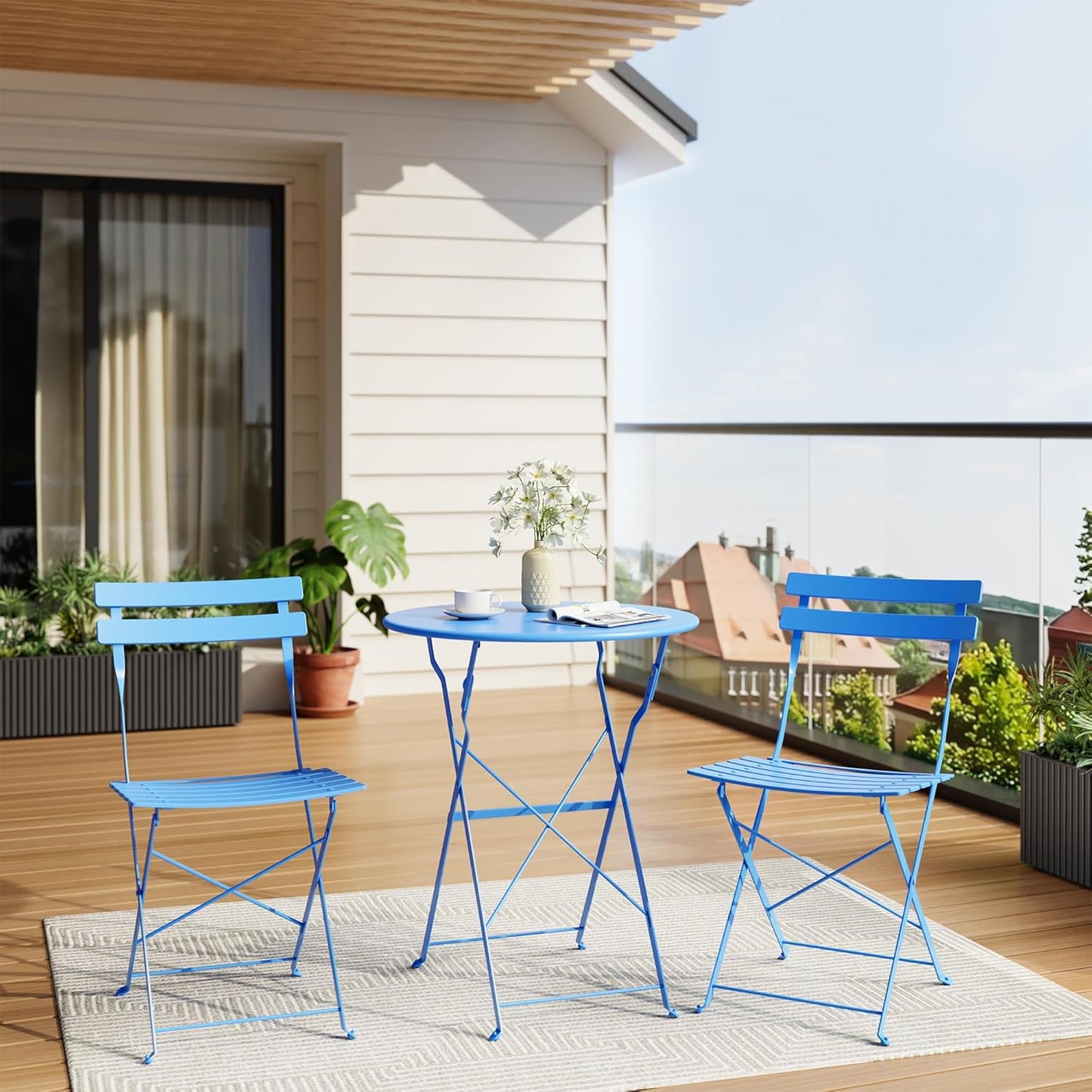 Bistro Table and Chairs Set of 2, 3 Piece Outdoor/Indoor Folding Patio Bistro Sets, 2 Chair Patio Furniture Set with Table, Premium Frame Foldable Coffee Tables for Balcony, Yard, Garden, Blue
