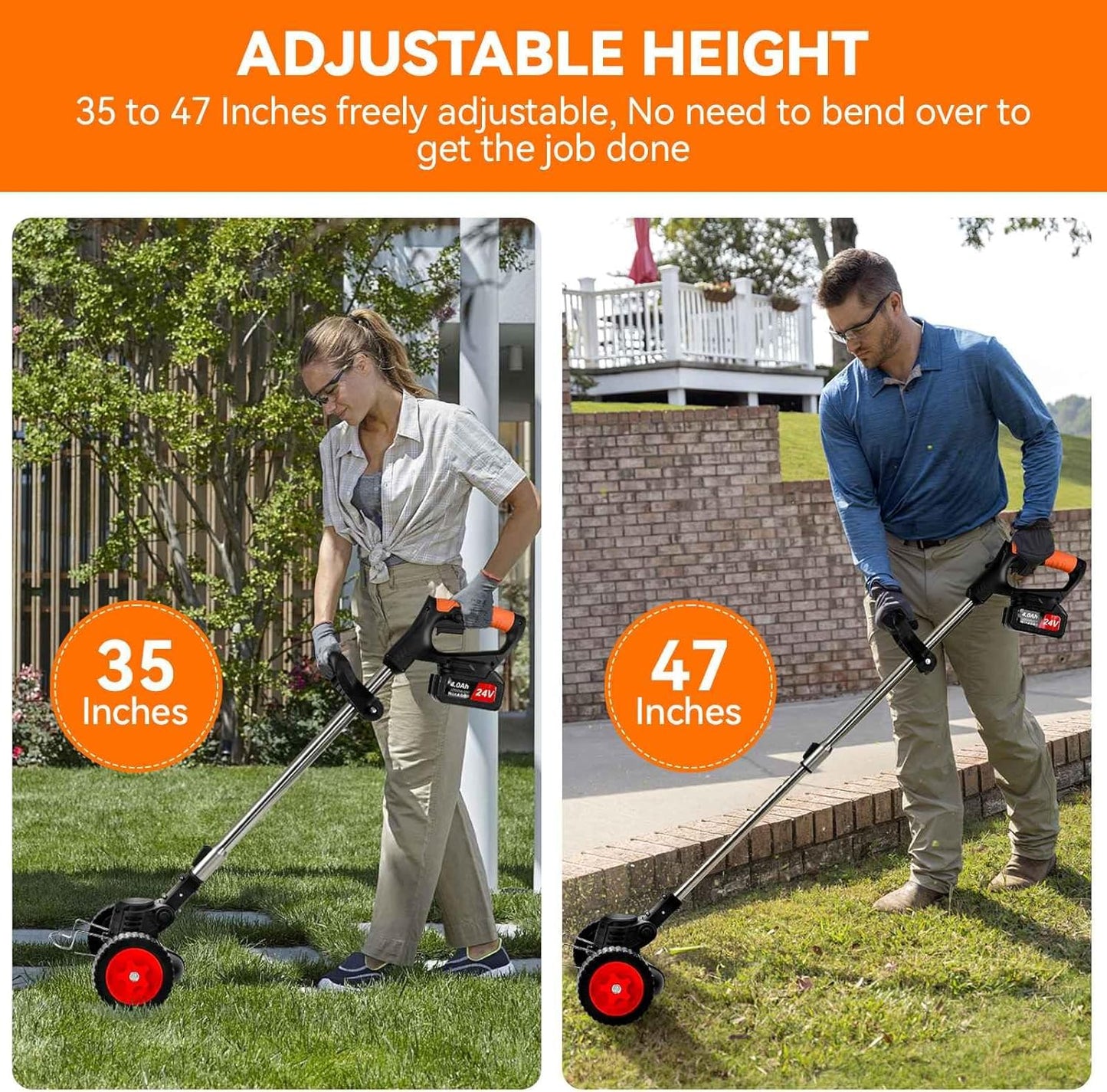 Electric Weed Wacker Cordless,24v Weed Eater Battery Powered 3 In 1 Lightweight Grass Trimmer With 2 4.0 Ah Batteries & Charger, Weed Eater With Blade & Wheels For Women,Lawn Care,Garden,Yard (Orange)