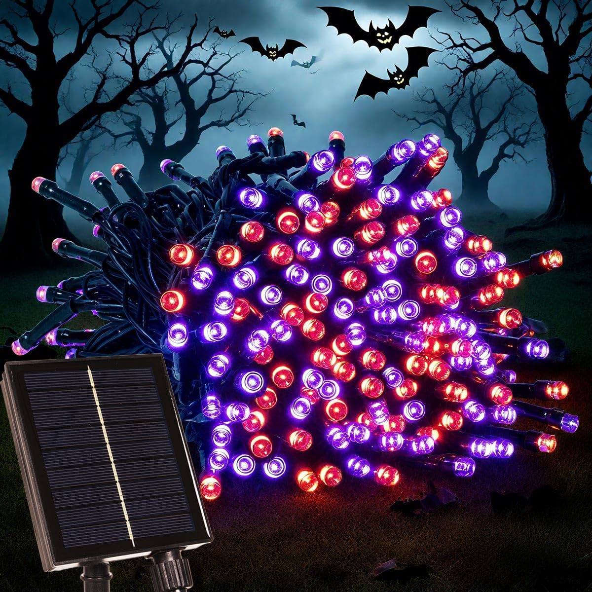 66FT Solar Outdoor Halloween String Lights 200 LED Waterproof Orange and Purple String Lights with Remote for Halloween Tree Garden Backyard Patio Porch