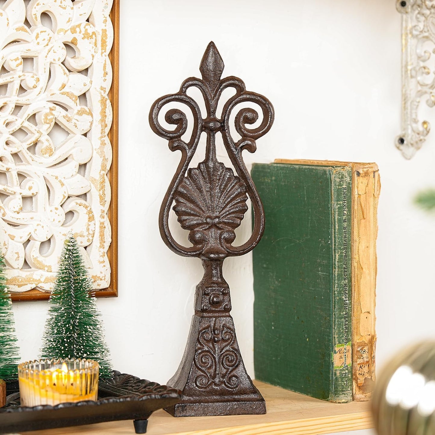 Sungmor Vintage Cast Iron Decorative Shell & Scroll Design Statues,Heavy Duty Rustic Desk Sculpture,Home Decor for Mantel,Farmhouse Decor