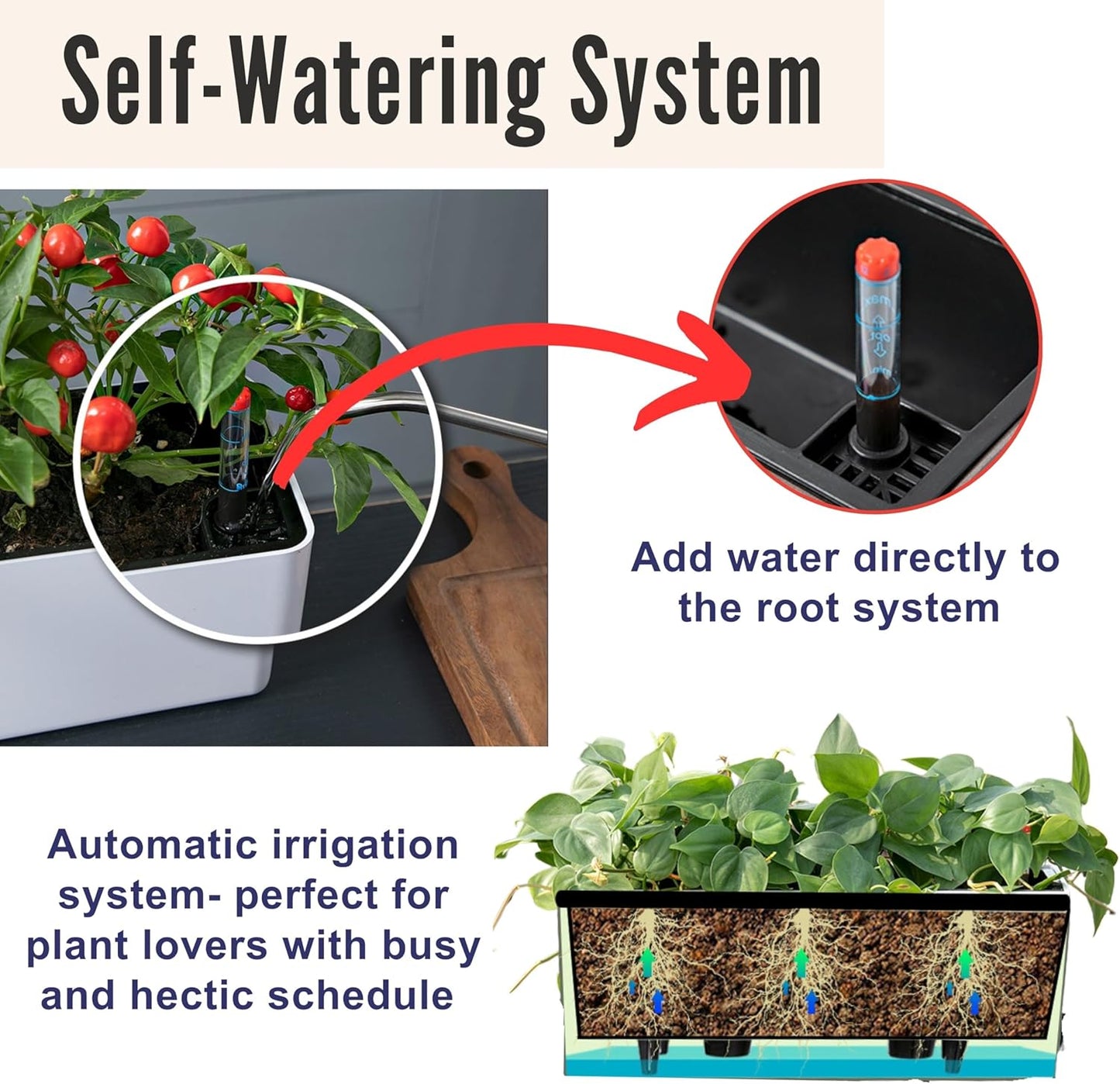 LaLaGreen Planter Box for Indoor Plants (16 Inch, 2 Pack) White Rectangular Self Watering Flower Pot, Large Window Boxes Planters with Drainage Decorative Modern Balcony Windowsill Herbs Home Garden