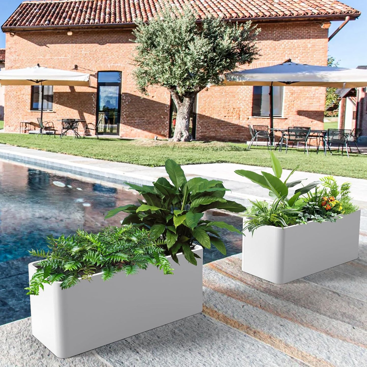 Metal Large Rectangular Planter Box White,36" L x 15" W x 15" H Long Planter Box for Outdoor Patio Porch Graden