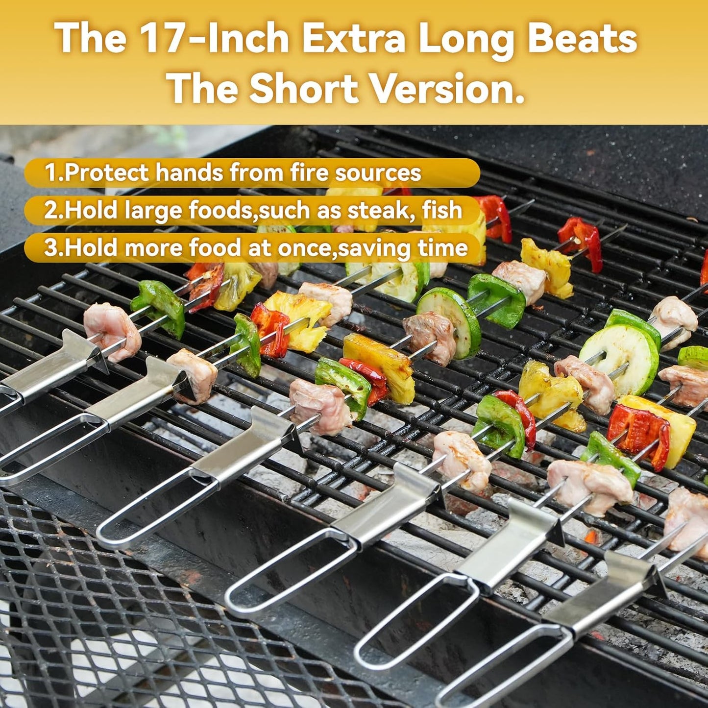 Skewers for Grilling- 17 inch (6 Pack) Double Pronged Flat Stainless Steel BBQ Skewer with Push Bar- Kabob Skewers Skewer Sticks for Camping or family - Reusable, BBQ Accessories