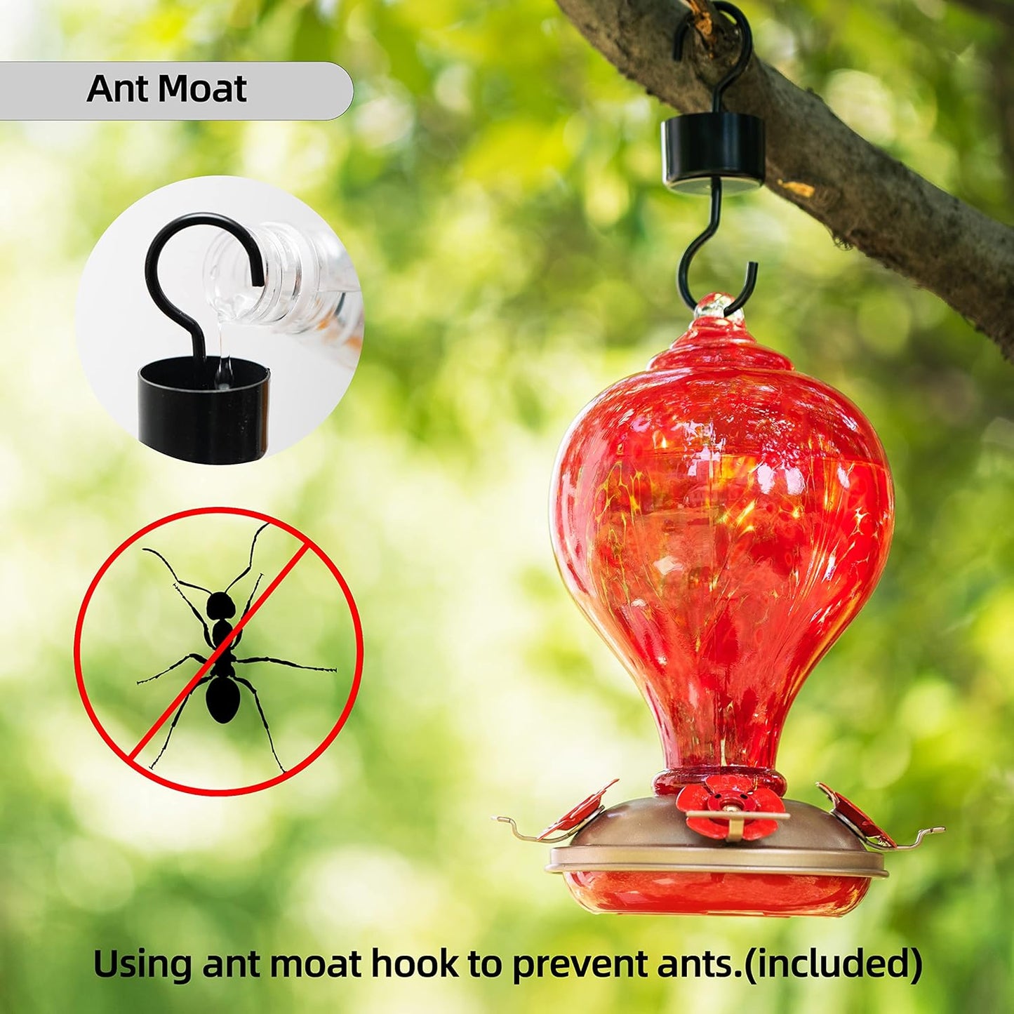 Hummingbird Feeders 32OZ Glass Hummingbird Feeder, 4 Perch Ant Moat Leakproof, Garden Decor (Red Lily)