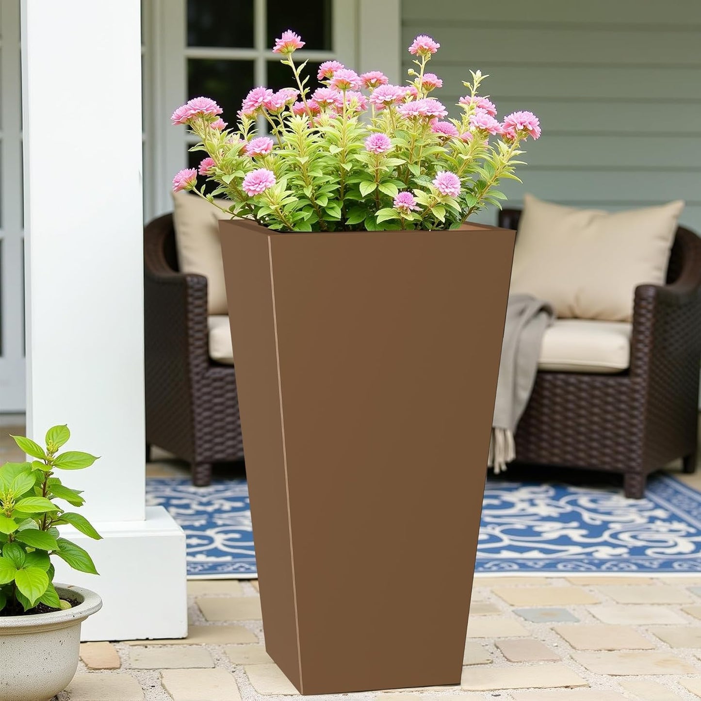 Casaphoriar 28 Inch Tall Metal Planter Box Set of 2, Weather-Resistant Indoor/Outdoor Flower Pots with Removable Inner Shelf, Perfect for Patio, Garden, and Balcony Decor, Brown