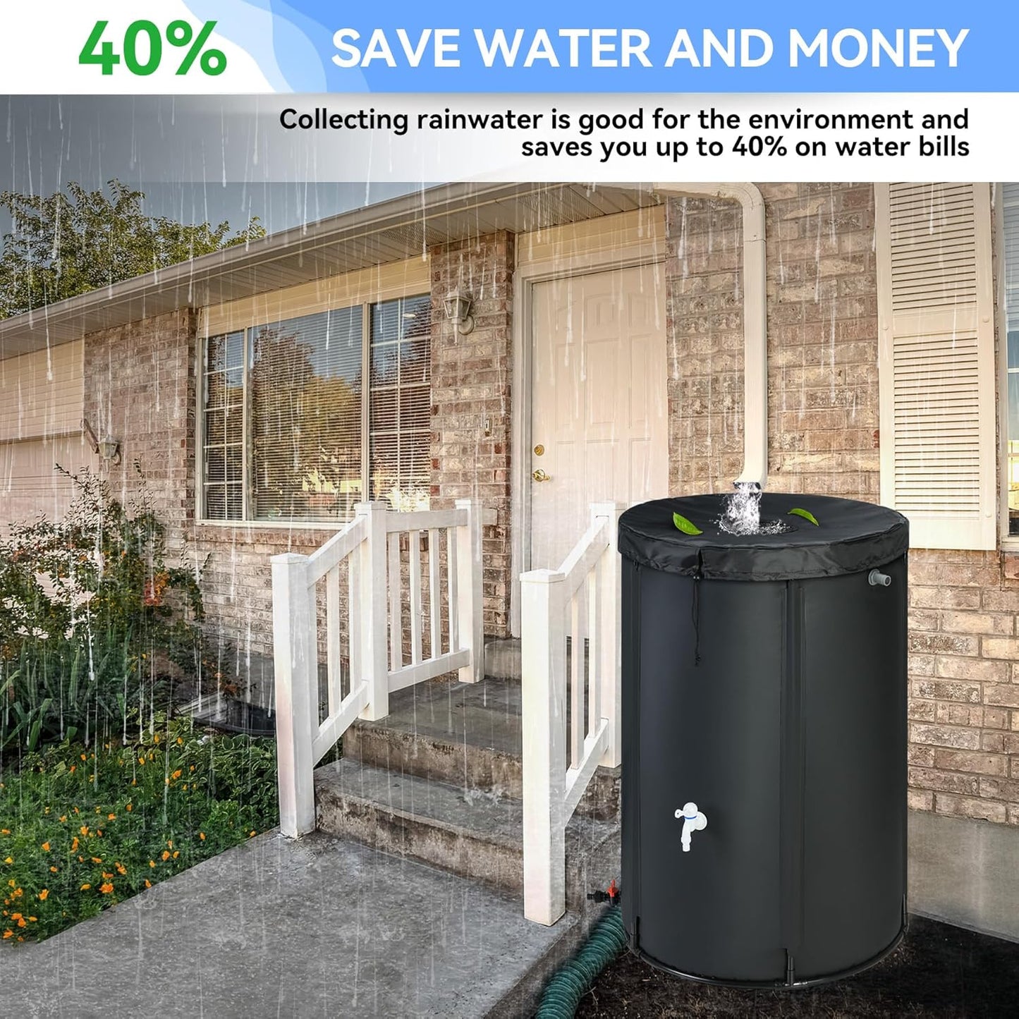 Upgraded 100 Gallon Rain Barrel Water Tank - Portable Rain Water Collection Barrel - Large Water Storage Tank - Stable Water Barrels Rain Catcher with Spigot Overflow Kit, Black