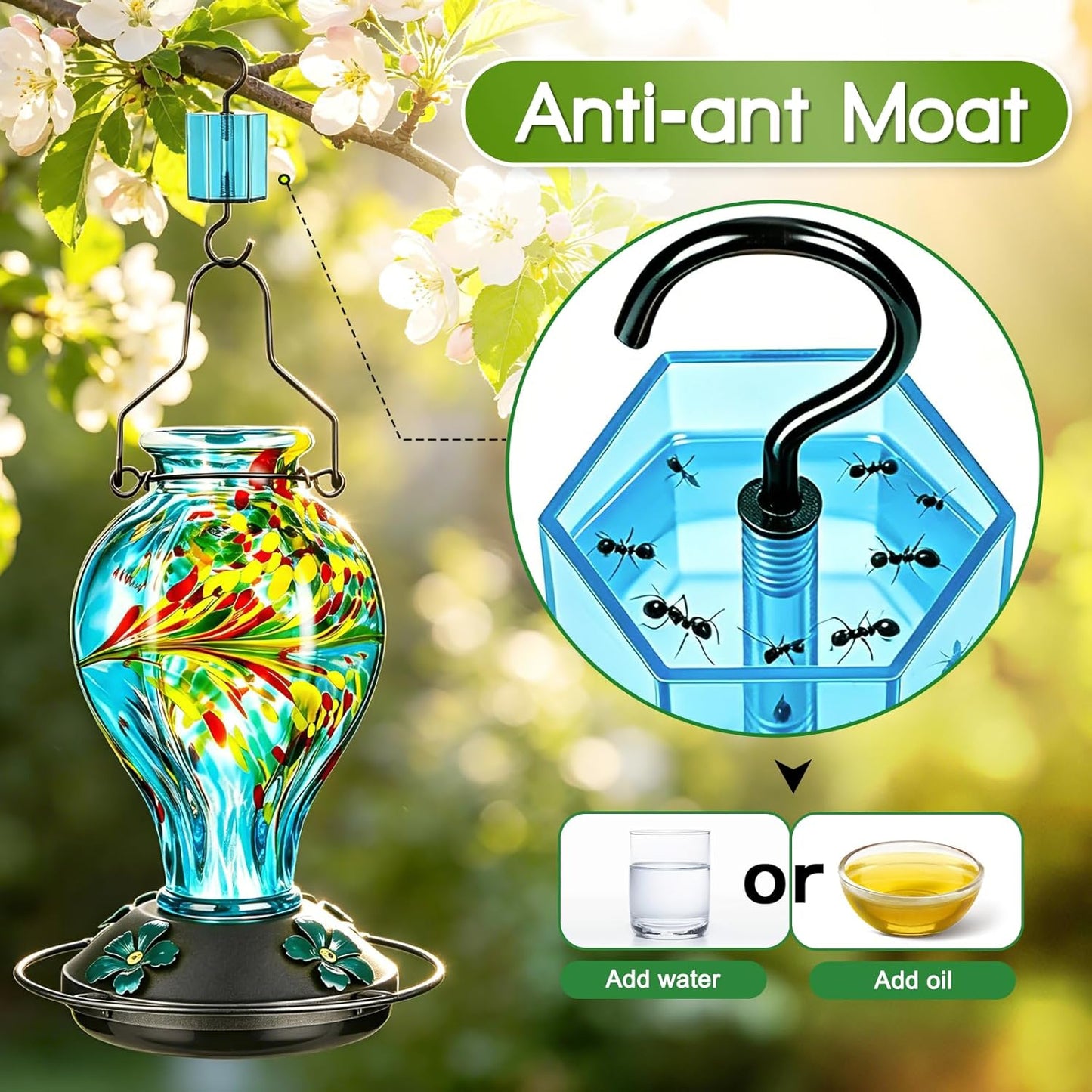 Hand Blown Glass Hummingbird Feeders for Outdoors Hanging, 24oz Wild Bird Nectar Feeder with Ant Moat and Perch, Bee-Resistant Ports, Garden Decor, Gifts for Women Mom, 1 Pack, Blue Phoenix