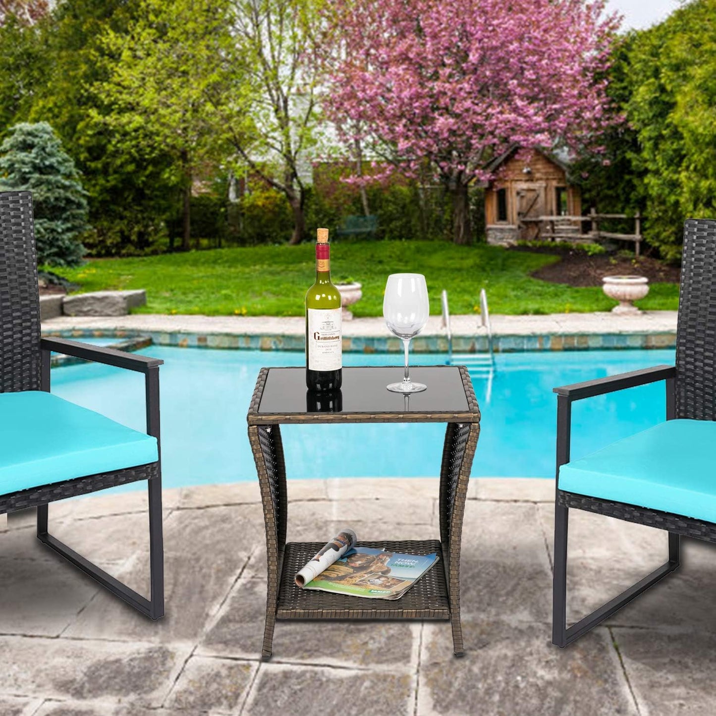 Outdoor Small Patio Table - PE Rattan Coffee Table, Wicker Side Table for Patio, Balcony & Porch, Durable & Iron Frame (1, Dark Blonde)