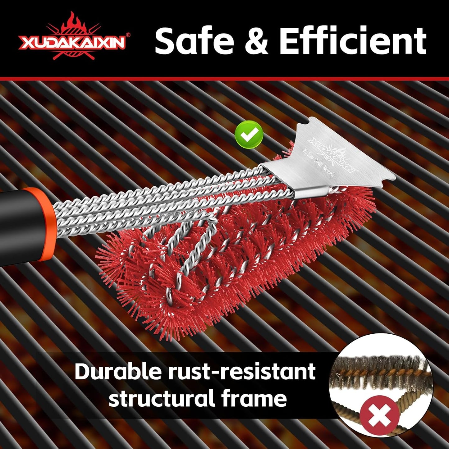 Grill Brush and Scraper, Safe Nylon Bristles Barbecue Triple Scrubbers Cleaning Brush for Cast Iron Grates/Porcelain/Weber Gas/Charcoal Grill,Extra Strong BBQ Cleaner Accessories (Red)