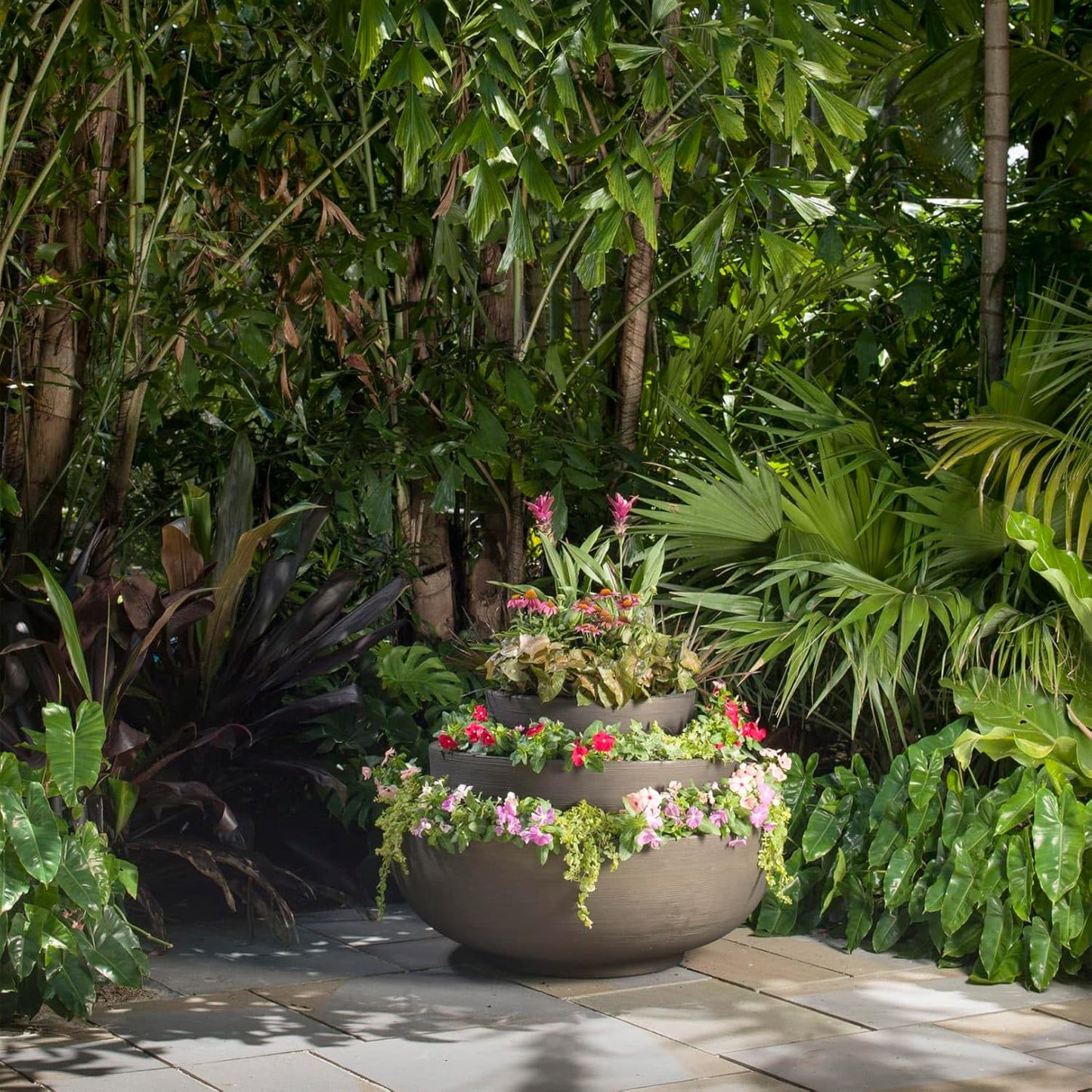 Crescent Garden Extra Large Outdoor Planter Bowl with Drain Hole for Water Gardens, Fountains, Decorative Landscaping - 40" W x 15" H (Weathered Concrete)