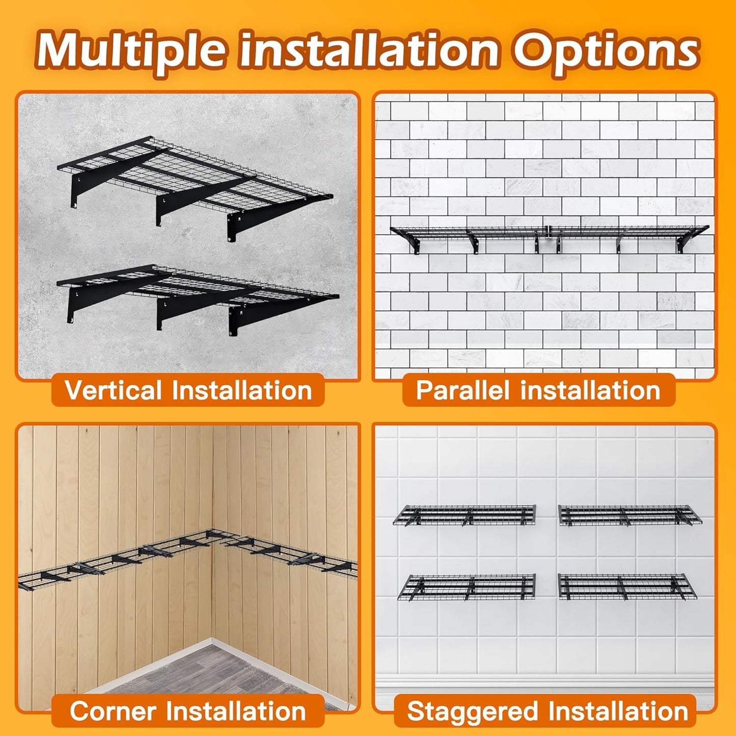 Garage Wall Shelving, 2-Pack 2 x 4ft Garage Storage Rack,Loads 700 lbs 24-inch-by-48-inch Heavy Duty Wall Shelves,24” x 48” Garage Wall Shelf,Black