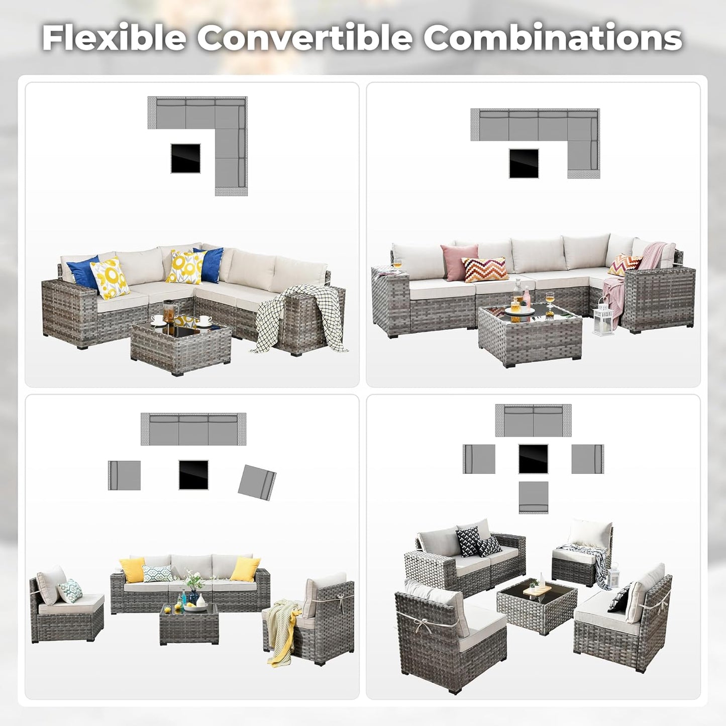 ovios 6 Pieces Patio Furniture Set, Outdoor Wicker Sectional Sofa with Glass Table Comfy Cushions, Modern Modular Deep Seat Couch Rattan Conversation Set, Beige