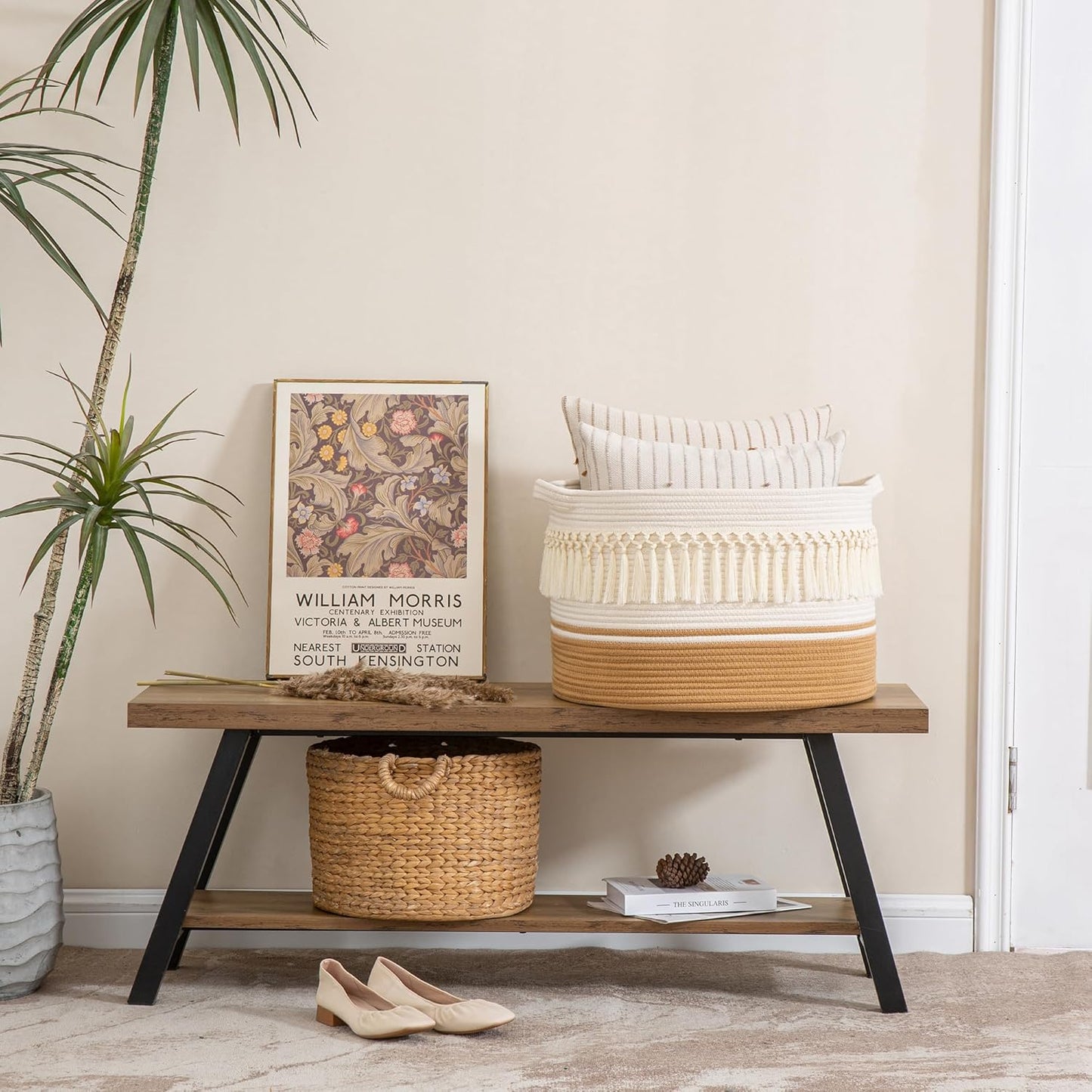 KAKAMAY Large Blanket Basket (20"x13"),Woven Baskets for storage Baby Laundry Hamper, Cotton Rope Blanket Basket for Living Room, Laundry, Nursery, Pillows, Baby Toy chest (White Fringe)