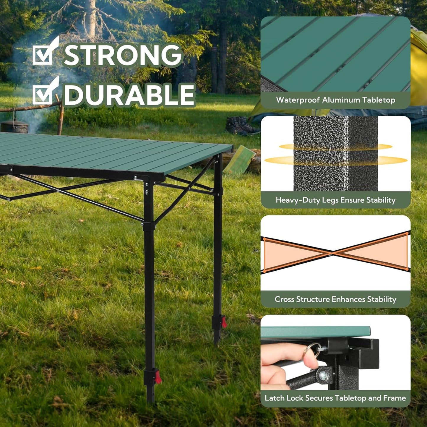 Portable Outdoor Adjustable Height Camping Table, Large for 2-6 Person, Foldable Roll-up Aluminum Camp Table with Carry Bag for Picnic, Camp, Sturdy, Stable, Loads 220 Lbs (Green) - Lumora Garden