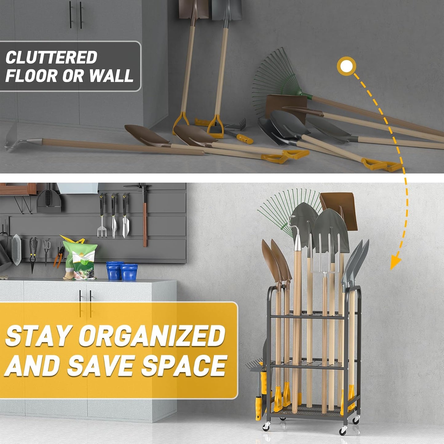 Ultrawall Garden Tool Organizer Stand, Yard Tool Storage Rack with Lockable Wheels, Garage Tool Storage for Rake, Brooms, Indoor & Outdoor Use