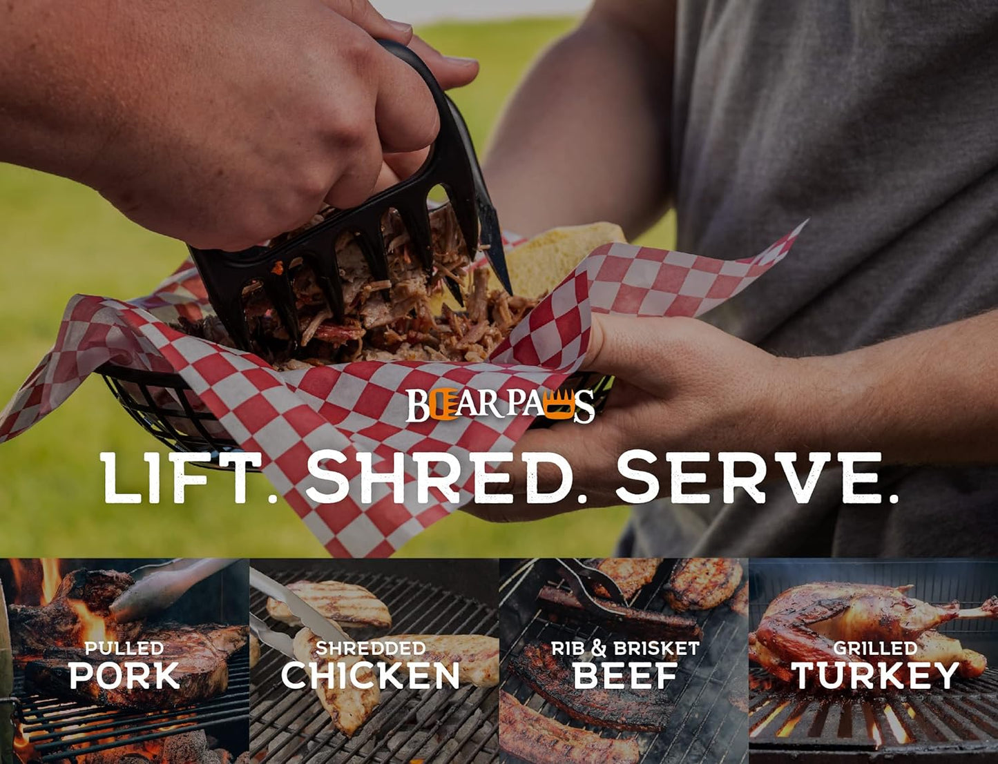 Bear Paws Meat Claws - The Original Meat Shredder Claws for Pulled Pork, USA Made - Easily Lift, Shred, Pull and Serve Pork, Chicken, Brisket and Turkey - Gift for Dad on Father's Day! (Gray) - Lumora Garden