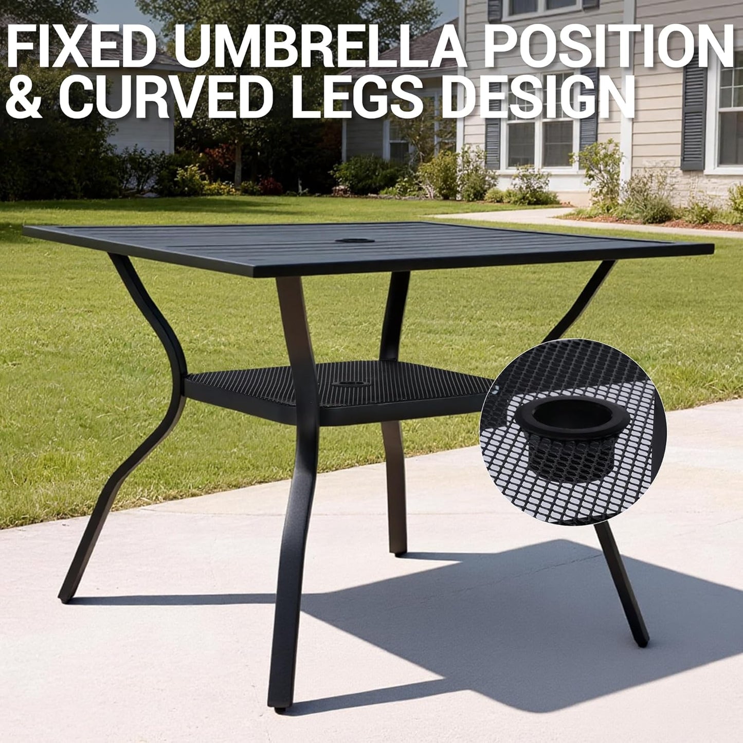 Outdoor Patio Dining Table for 4 People, 37" All-Weather Resistant Metal Square Table with Adjustable Umbrella Hole for Garden Backyard Porch Poolside, Black