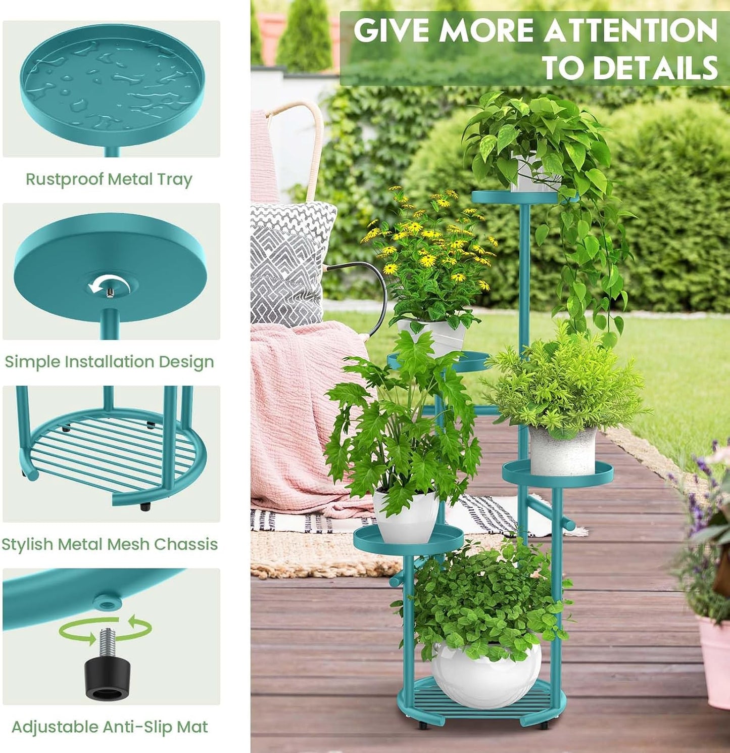 TOSKING 5 Tier Metal Plant Stand Indoor, Plant Shelf, Corner Shelf Flower Pot Stand for Outdoor Plant Stand for Living Room Balcony Garden Patio Bedroom (Blue, 38in)