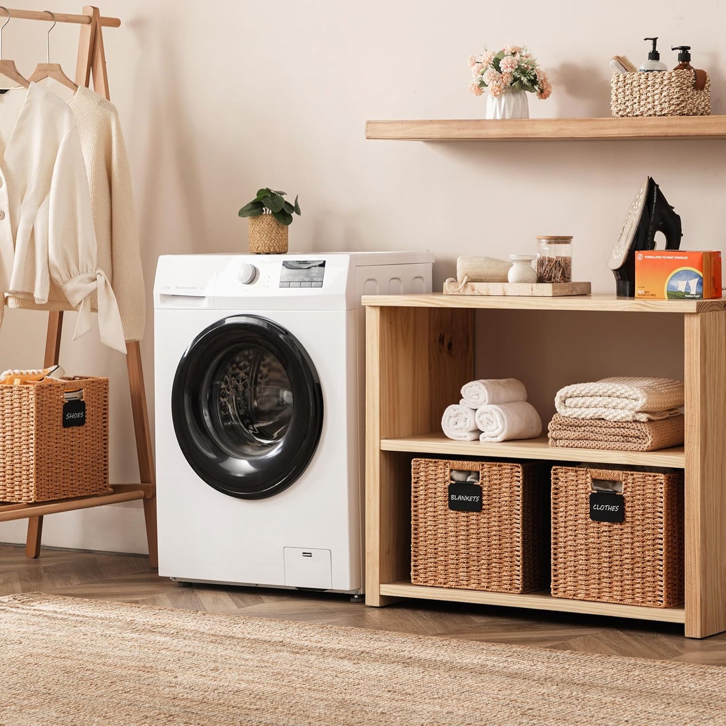 UBBCARE 2 Pack Wicker Basket, 10.5×10.5 Storage Cubes with Label, Foldable Cube Storage Bin with Handle, Square Storage Basket for Shelves, Woven Paper Rope Basket for Organizing, Caramel