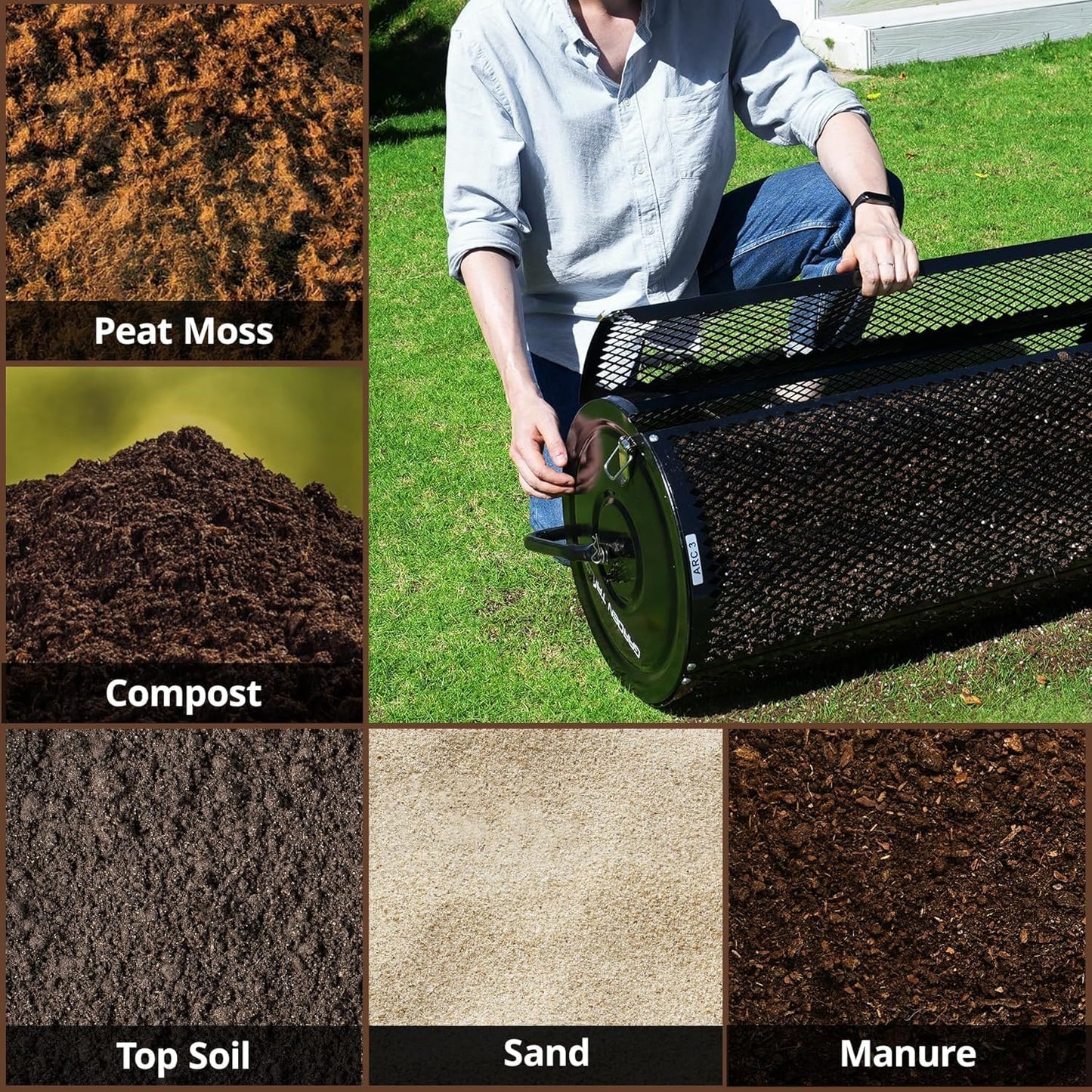 Compost Spreader 36 Inch Towable Peat Moss Spreader with Installation Support Accessories, Black Metal Mesh Roller Lawn Spreader for Top Soil, Manure, Mulch, Top Dressing - Garden spreaders for lawns