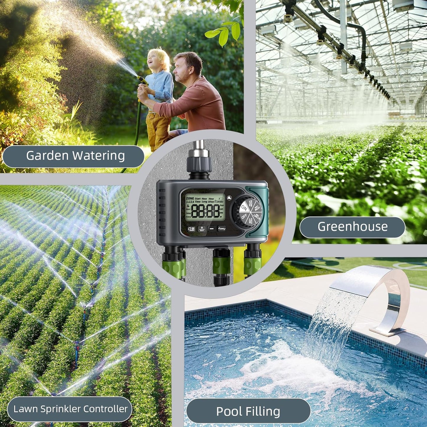 Sprinkler Timer for Outdoor Hose Faucet 4 Zone, Programmable Hose Timer with Rain Delay/Manual/Automatic Watering System, Water Timers for Garden Hose, Digital Drip Irrigation for Yard Lawn Outdoor