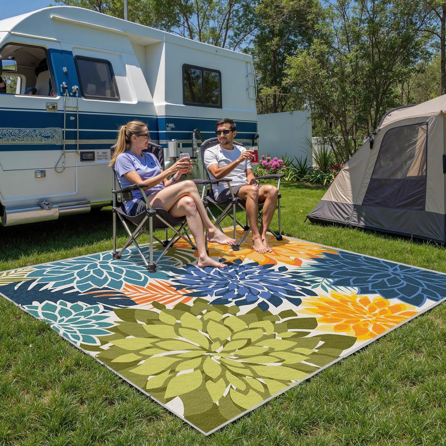 Colorful 8x10 Outdoor Area Rug Washable Multicolored Patio Rug Tropical Botanical Floral Chenille Waterproof Outdoor Carpet Non-Slip for Deck, Backyard, Porch, Green